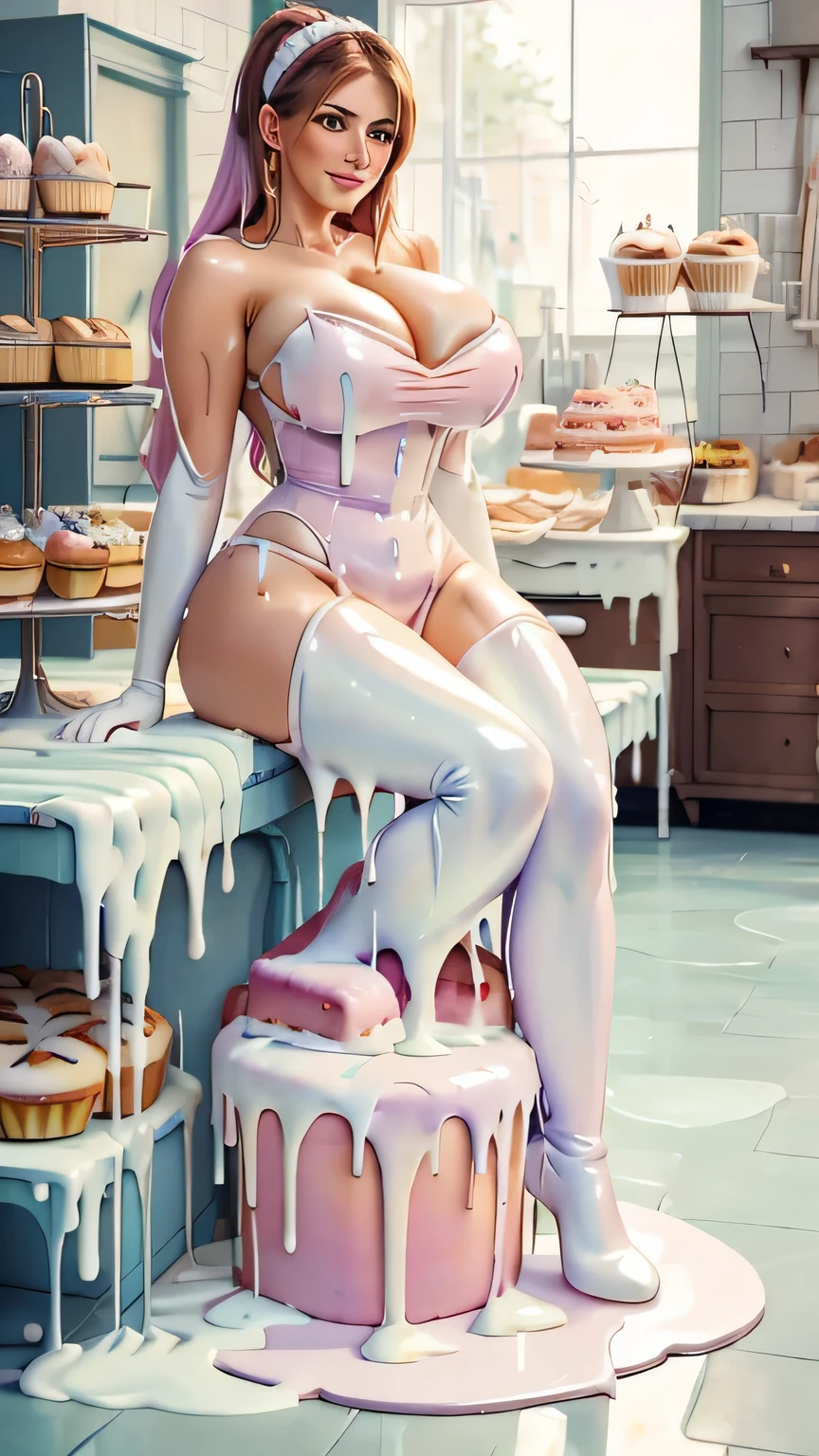 Wayne Thiebaud painting illustrative style image,there is a woman sitting on a stool in a large bakery, a bakery made of gingerbread, full of pastries, chaotic scene, / Strong contrast_ woman with porcelain skin, she is holding a huge cake with icing on it / extreme intricacy / there is a woman with a sheer pink nylon bodysuit posing for a picture, , icelandic, very sexy outfit, sexy outfit, pink latex outfit, , revealing outfit, sexy body and face, thigh high boots / face of Lucy Pinder / Huge breasts / uncovered arms / A busty 40 year old woman / long flowing amber hair / /), , higher contrast, , inside a messy bakery 3 d render beeple, cluttered area, , | in studio ghibli style , donuts , iced pastries and cakes are piled high and everywhere, there is icing spilled all over, icing can be seen on her hands and legs / she is smiling / white slime all over