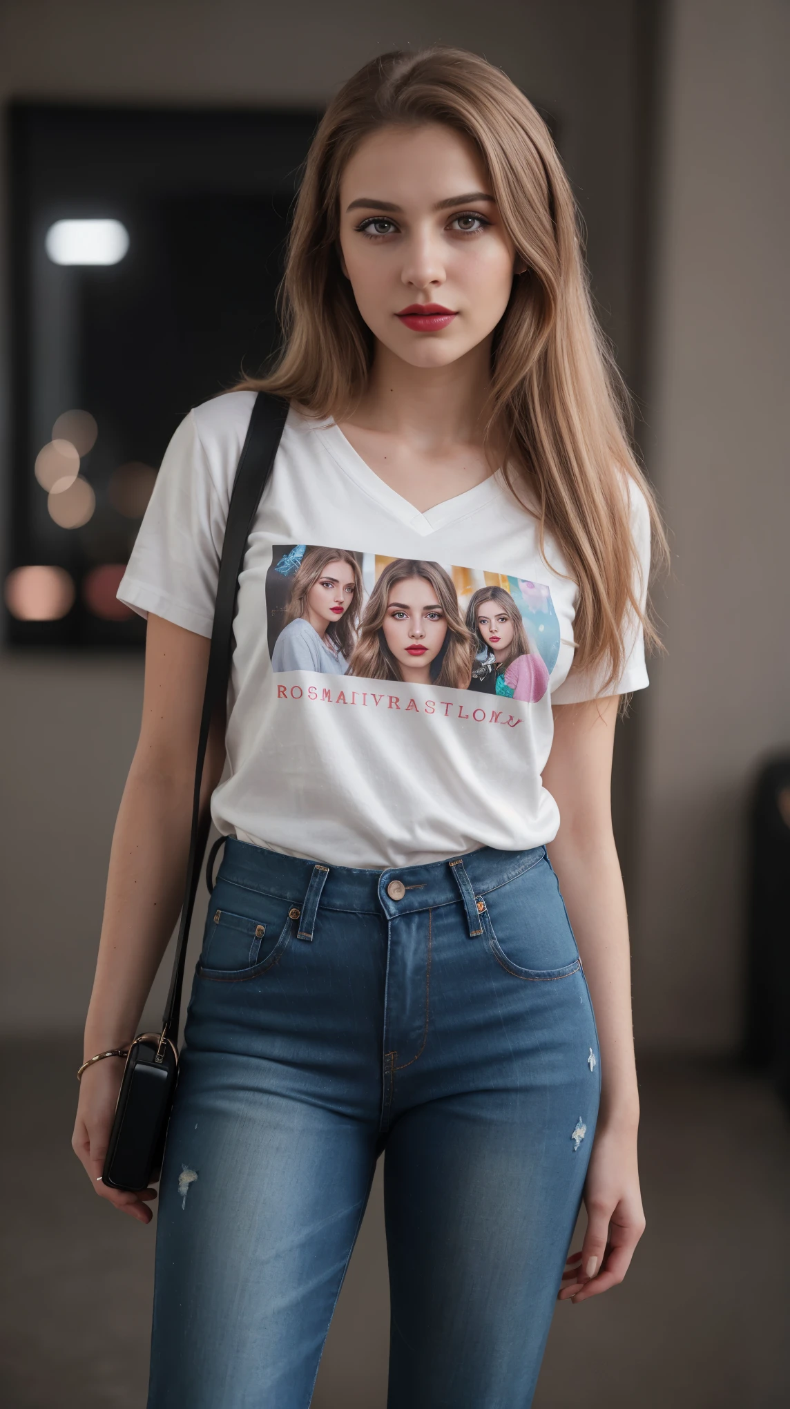 Blond brown hair, (RAW photo), (realism: 1.8), (gloss red lipstick, many eyelashes, dark black eye shadow, shy, blushing, high quality, high resolution, depth of field, chromatic aberration, caustic, wide light, pastel glossy skin, (21 year old woman), smartwatch, smartphone, stylish college girl, jeans t-shirt, lots of exposure, pose, visible 8k resolutions,