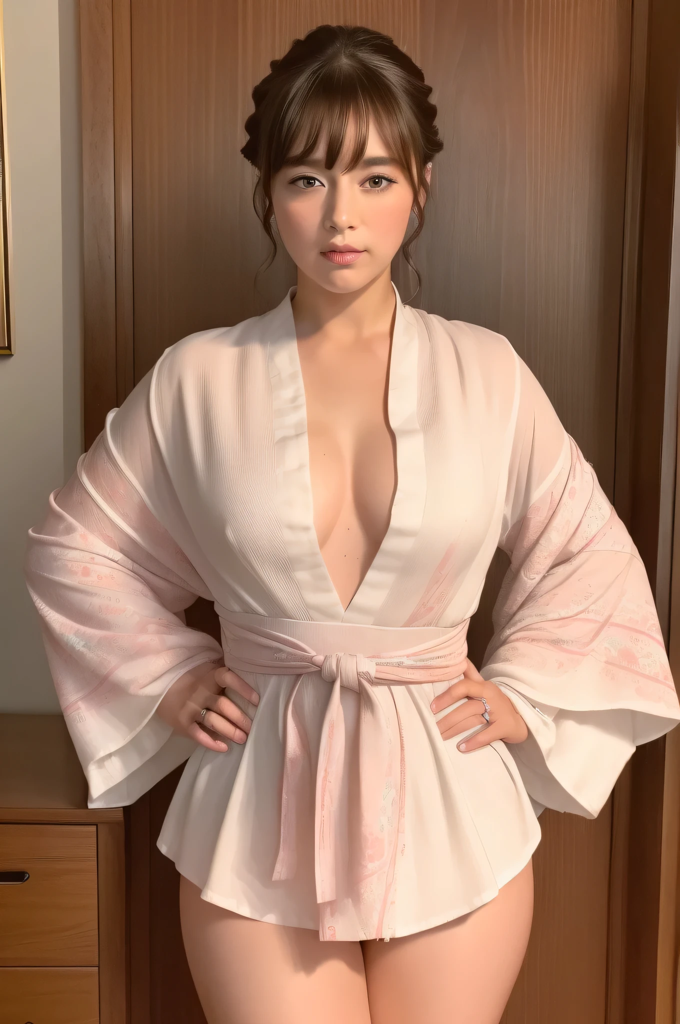 ((top-quality、8K、​masterpiece:1.3))、japanes、girl with、medium tits、with round face、bbw、A sexy、red blush、Whip whip、thighs thighs thighs thighs、cute little、kimono