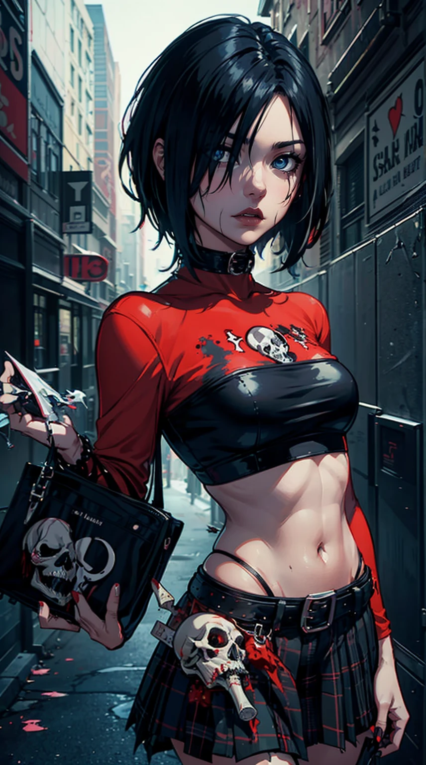 a woman with short black hair, hair on shoulders, wearing a black cropped and plaid skirt, blue eyes, zombie art, gothic art, cute aesthetic with vibe, toon aesthetic, wearing red costume, wearing gothic accessories, look like Cassie Hack, upper body, holding a skull in his hand, horror background