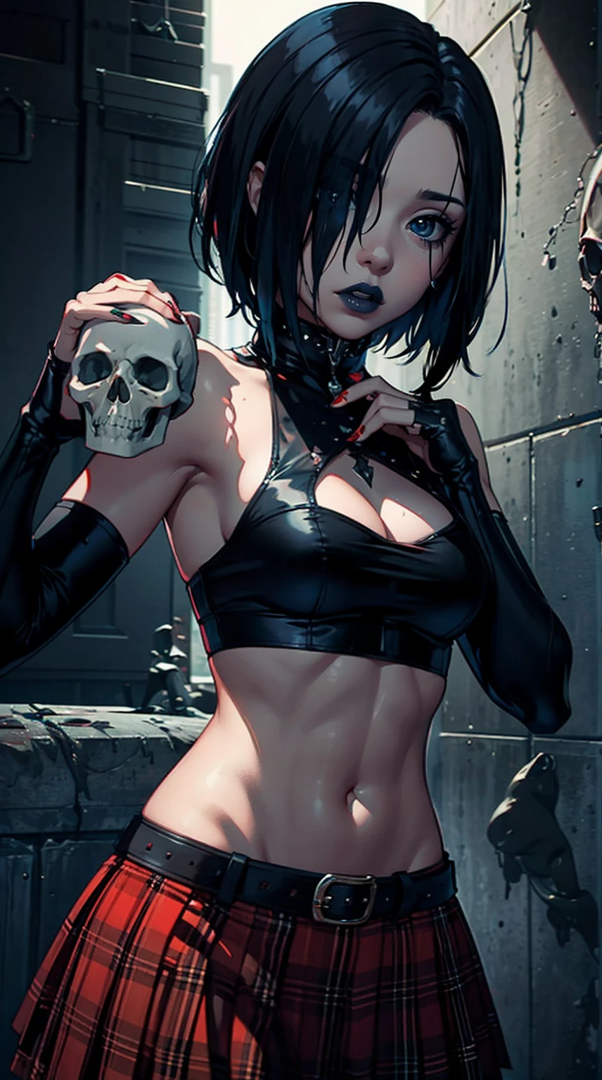 a woman with short black hair, hair on shoulders, wearing a black cropped and plaid skirt, blue eyes, zombie art, gothic art, cute aesthetic with vibe, toon aesthetic, wearing red costume, wearing gothic accessories, look like Cassie Hack, upper body, holding a skull in his hand, horror background
