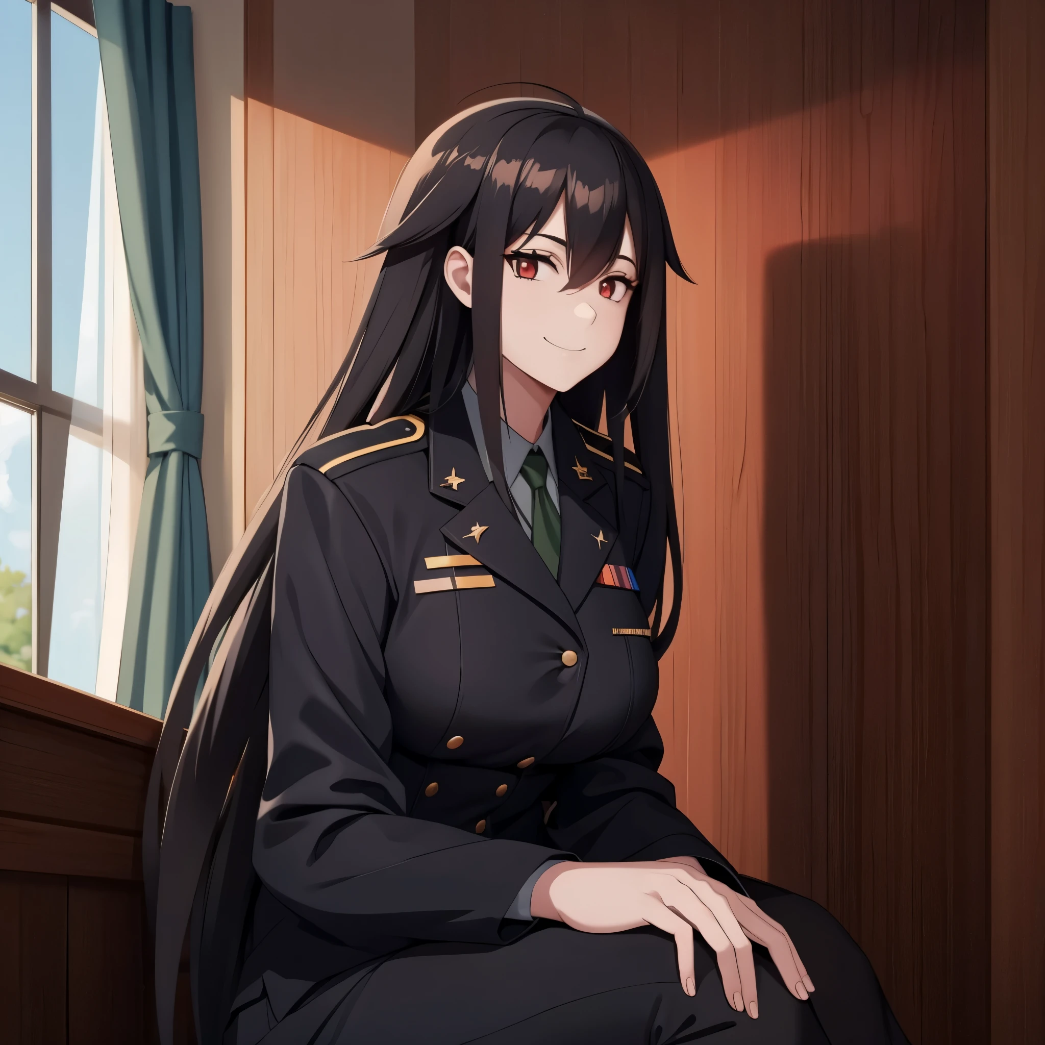 A woman in in an officer's room, long black hair, red eyes, smile