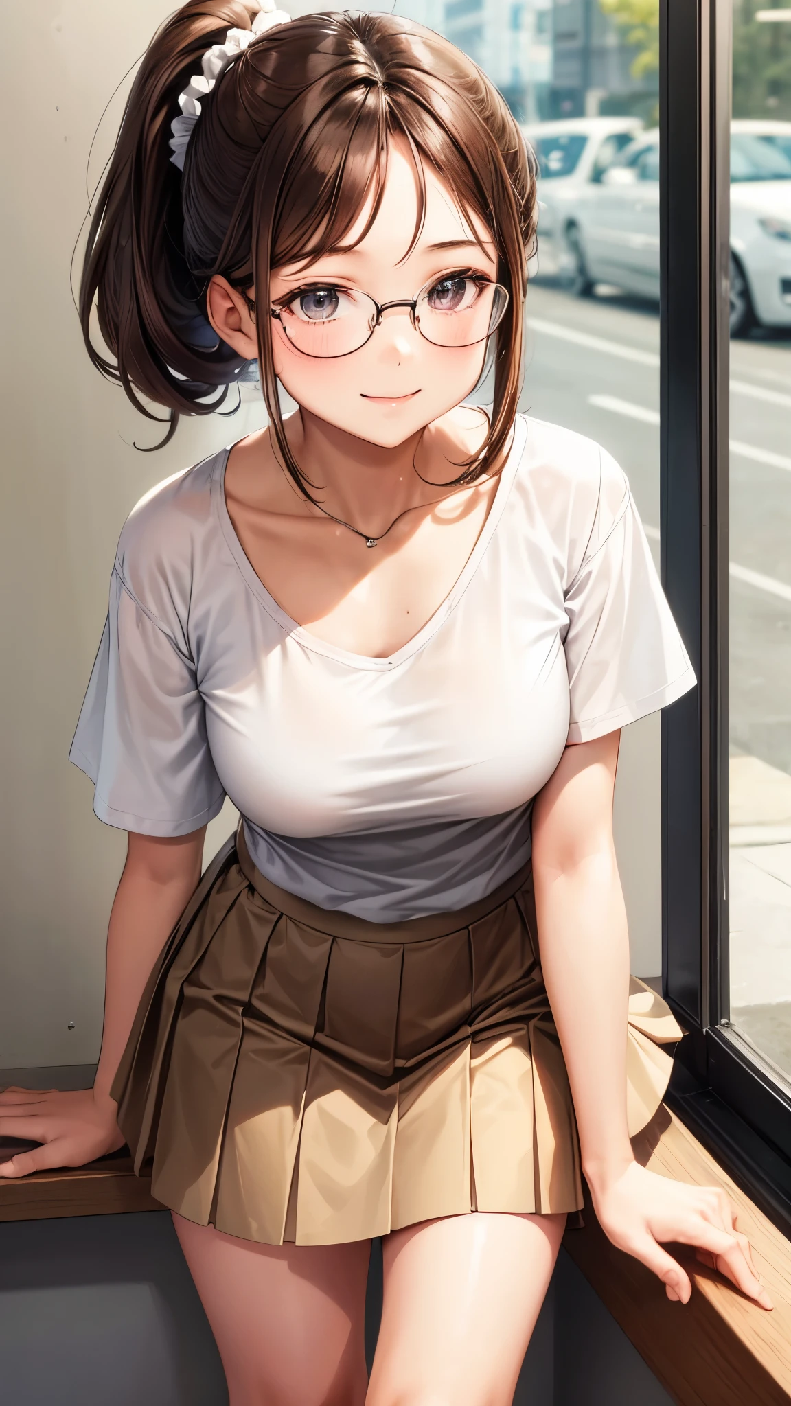 1 female,12 years old,brown hair,beautiful low ponytail hairstyle, (miniskirt and large white shirt, (double breasted,under bust:1), short sleeve, natural smile,,frameless eyeglasses,(slouch)