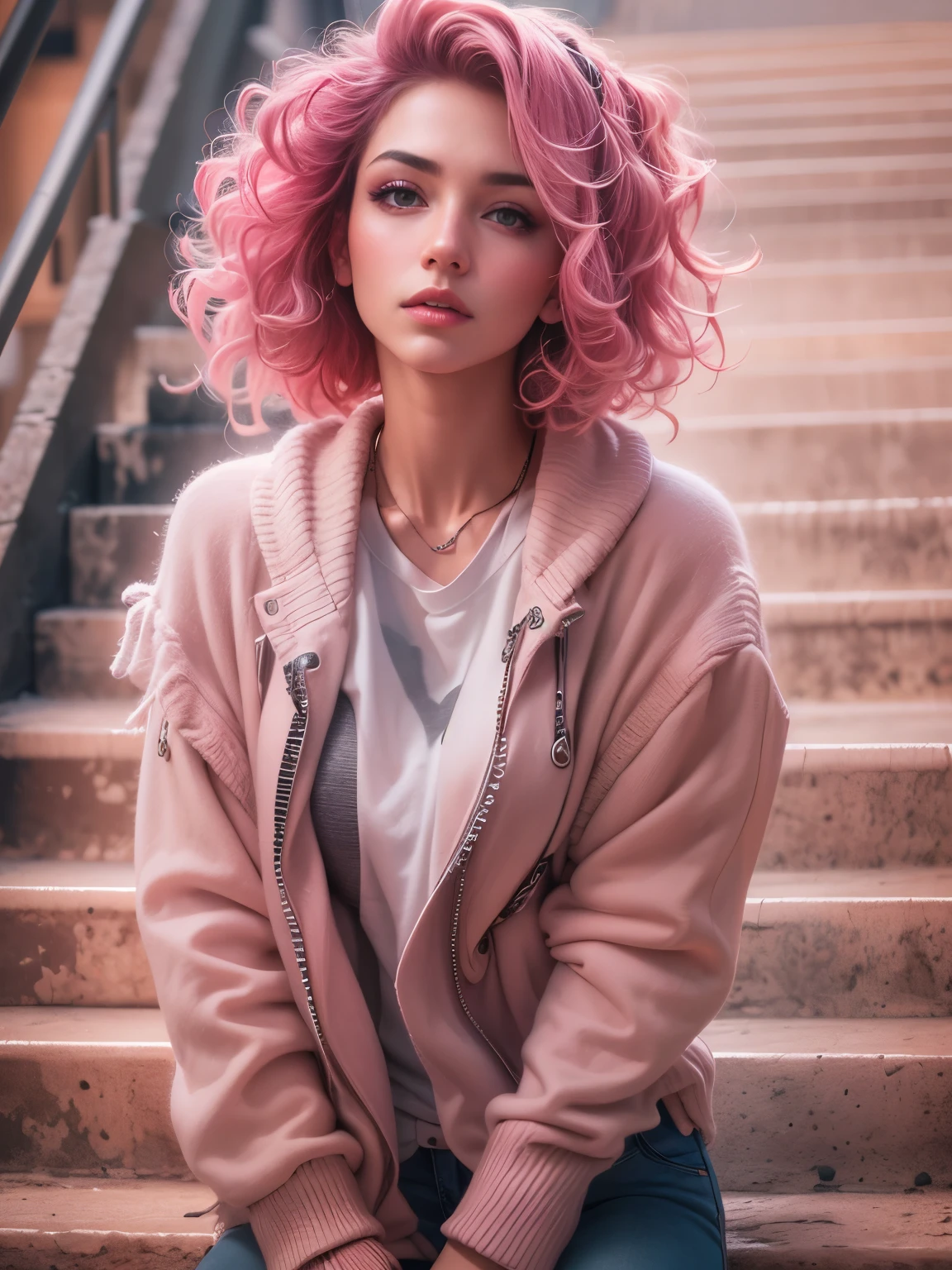 photorealistic, high resolution, 1 beautiful female, European beauty, curly grunge hairstyle, pink hair, grunge streetwear, background mall stairway, dynamic pose, dramatic, chromatic aberration. 