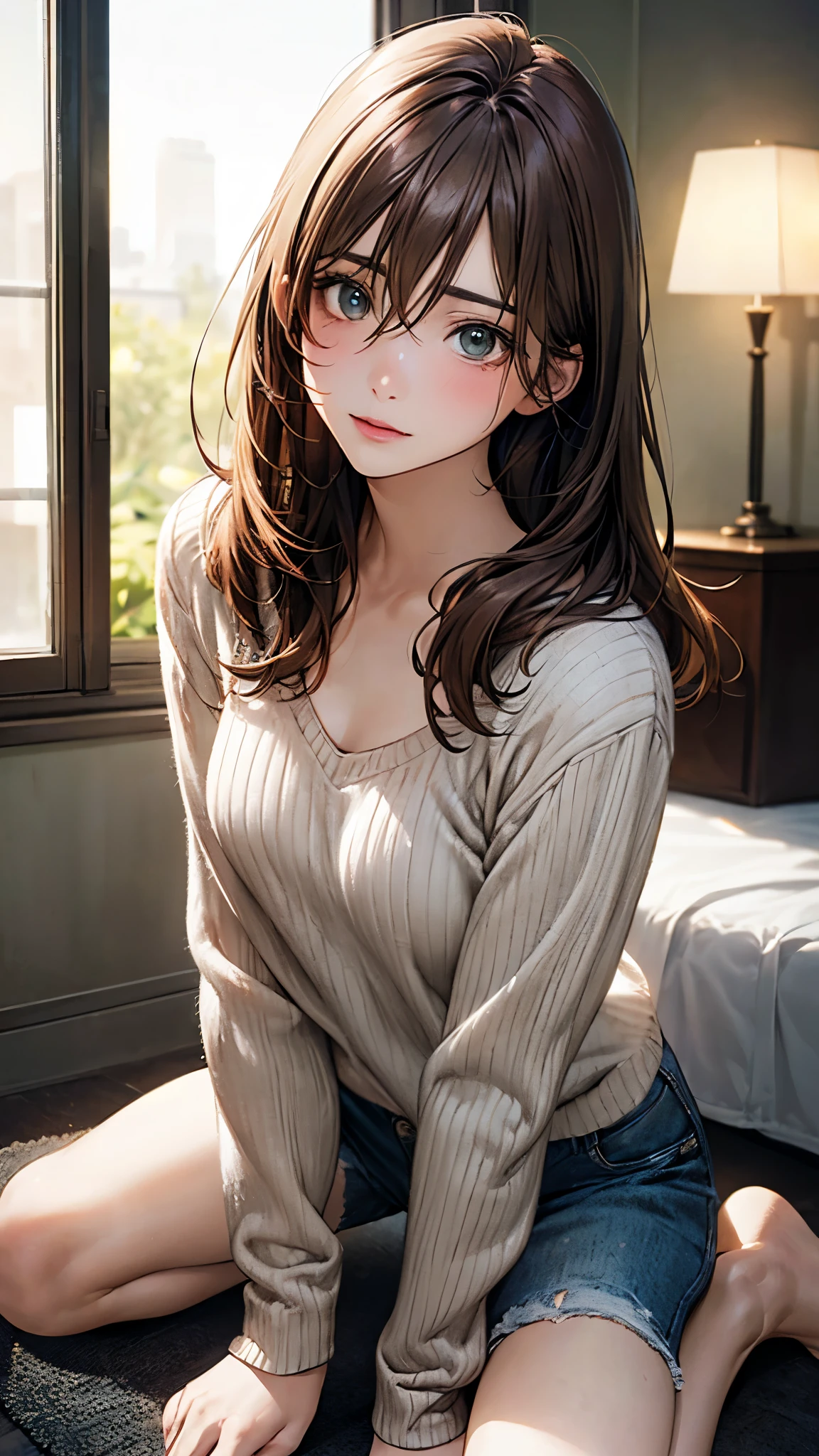 beautiful young woman, anime style, detailed face, wearing casual clothes, sitting on a sofa, relaxed expression, cozy living room, warm afternoon light, detailed background with living room elements, high detail, 8k resolution, cinematic lighting, best quality, gentle shadows, pastel color palette, Instagrammable, cute and relaxed, aesthetic, warm and inviting atmosphere