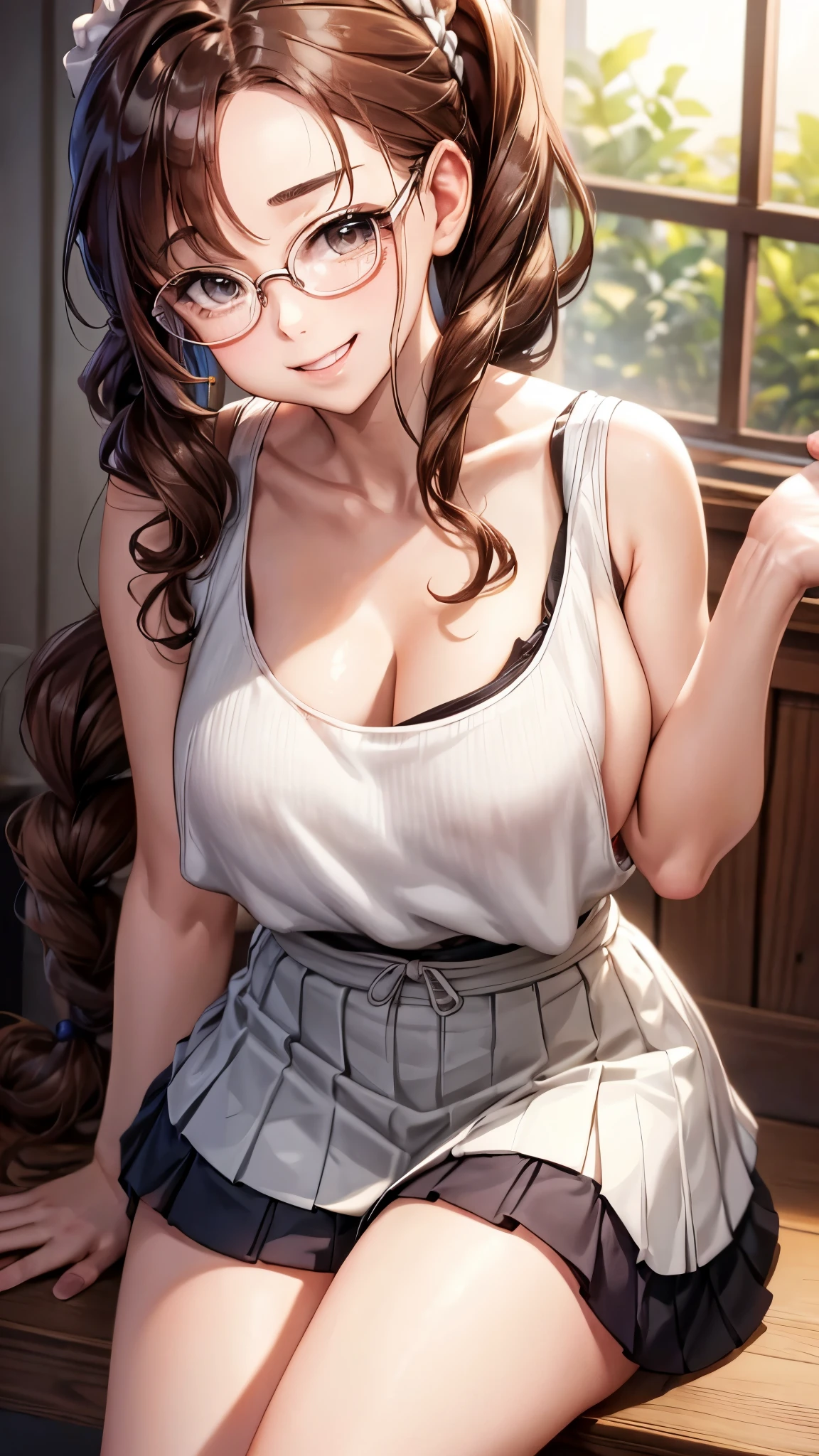 1 female,,brown hair,beautiful low ponytail hairstyle, (miniskirt and large white tank top, (), , natural smile,,frameless eyeglasses,(((slouch)))