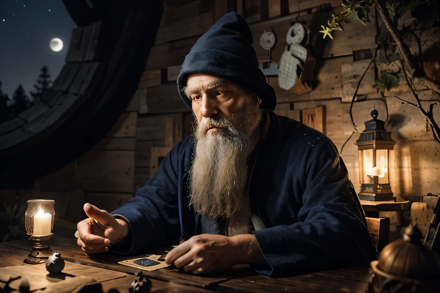 Photography style, Old Hermit, portrait, gray beard, Dark blue robe with stars, sitting at the table, magic ball on the table, In the hands of Tarot cards, Tarot card layout on the table, Cone cap on head, forest in the background, Hermit's hut in the background, night, full moon, Moonlight, Starry sky, Owl sitting on a tree branch, Comet in the sky, Zodiac sign symbols.