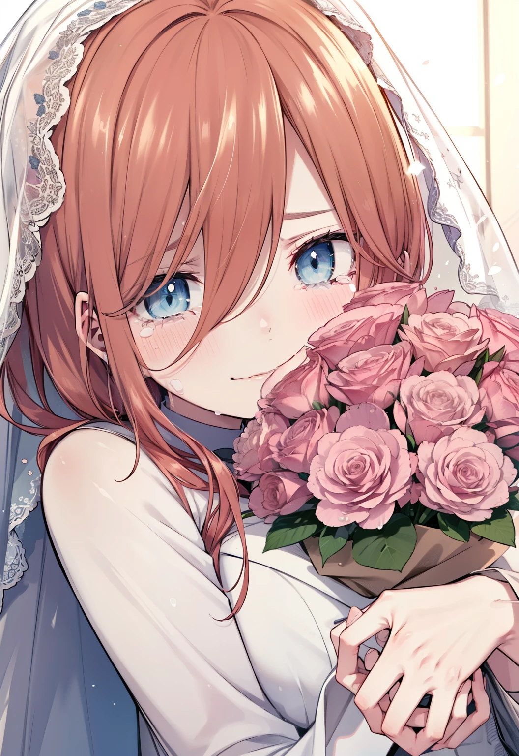 miku nakano, Nakano Miku Ticket III, long hair, bangs, blue eyes, brown hair, hair between eyes, Close your right eye,tears run down her face,Crying with joy,blush,smile, Wedding dress,veil wedding skirt,bouquet,bouquetトス,holding a large bouquet of flowers in his left hand, He is wiping the tears from his right eye with his right hand.,　　　break indoors, church,chapel, 
break (masterpiece:1.2), highest quality, High resolution, unity 8k wallpaper, (figure:0.8), (detailed and beautiful eyes:1.6), highly detailed face, perfect lighting, Very detailed CG, (perfect hands, perfect anatomy),