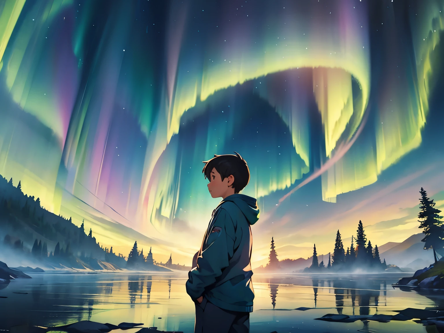 A  boy looks at the beautiful blue and green aurora