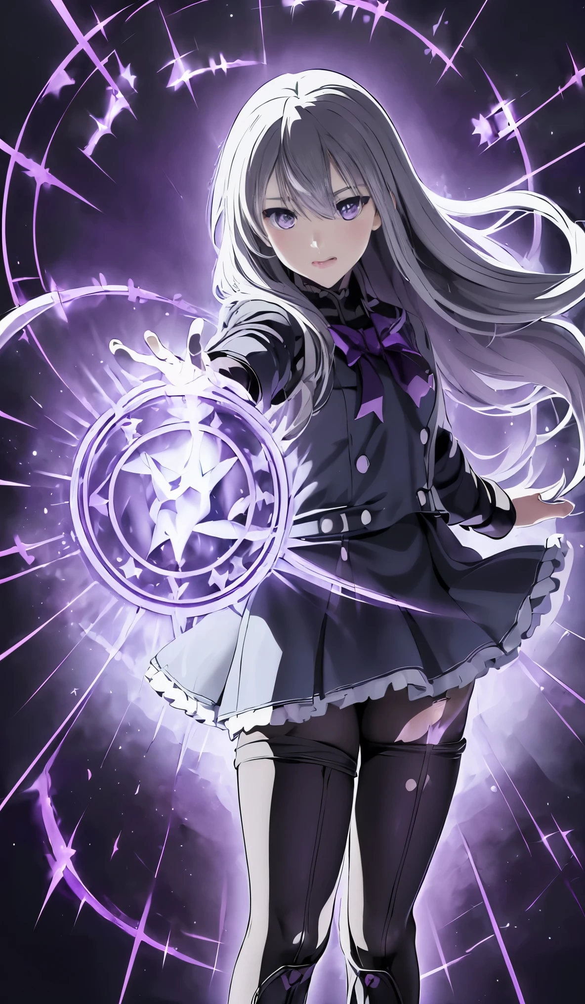 masterpiece、high quality、1 girl、solo、marie rose、cowboy shot、smooth hair、An expression full of yourself、(((purple and black witch school uniform))、、((pantyhose))、(Knee-high boots)、night、magic school、((mini skirt))、full moon、purple Ultra Instinct Effect、Rune Magic inflammation、water、soil、thunder、ice、Wind