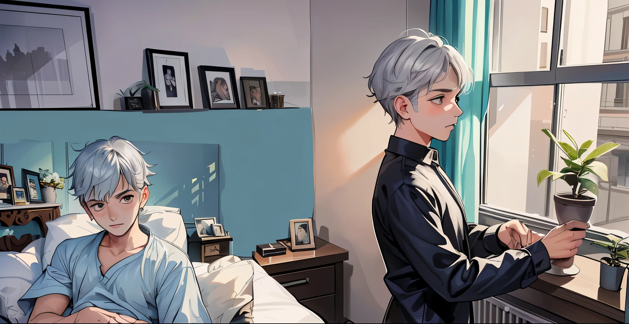 hay dos hermanos en el cuarto cabello plateado uno estamuy triste hablan
