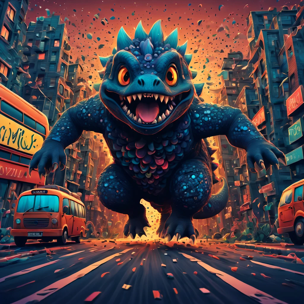 (best quality, highres, ultra sharp), magical ,cute Gozilla, in the street next a city, zentangle, full colored, 3d crunch, realistic feeling, terrorific scene, people running, panic, cars, buses, dark tones,