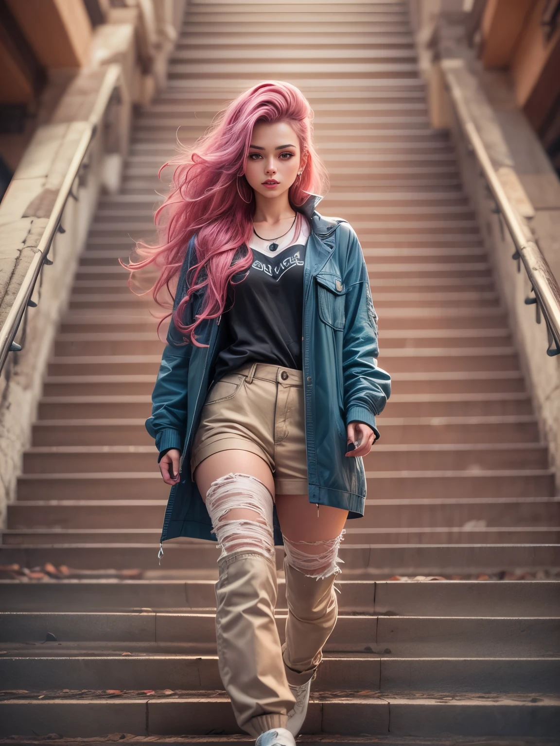 photorealistic, high resolution, 1 beautiful female, long wavy hairstyle, pink hair, grunge streetwear, background mall stairway, dynamic pose, dramatic, chromatic aberration.