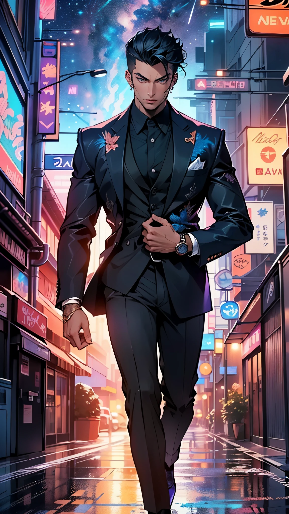 man:1.5,1 man,businessman man,(((1man))),((man with black short hair)),
(((1male,man:1.5,handsome man,male,male gender:1.5,male focus))),macho man,attractive villain,evil villain,
((slicked back hair, slicked back hair,black short haircut,)),(((lustrous skin:1.5,tanned skin,bright skin: 1.5,skin tanned,shiny skin,very shiny skin,shiny body,illuminated skin))),(((blue_eyes:1.2))),intricate eyes,beautiful detailed eyes,symmetrical eyes,((man chest)),handsome face,((muscular)),male jaw,(((detailed face))),
manly,nsfw,
cyberpunk businessman, ((Business suit:1.5)), futuristic businessman,((bulge in pants)),((dark purple and black suit:1.2)),(elegant suit),((wet clothes,intricate outfit,intricate clothes,intricate suit,ornate outfit,ornate clothes,ornate suit,embroidered outfit,embroidered clothes,embroidered suit,dragon embroidery)),
(dynamic pose:1.0),solo focus,((smug)),(centered,scale to fit dimensions,Rule of thirds),
cyberpunk city by the ocean at night, with bright neon signs and dark stormy clouds and puddles, scenery:1.25,nighttime, starry night, cosmos,Very dark night that makes the neon lights stand out, very bright neon lights,nighttime, starry night, cosmos,
highres, sharp focus, (ultra detailed, extremely detailed), (photorealistic artwork:1.37),(extremely detailed CG unity 8k wallpaper),((synthwave background theme)),(((vibrant colors))),(intricate background),(masterpiece),(best quality),