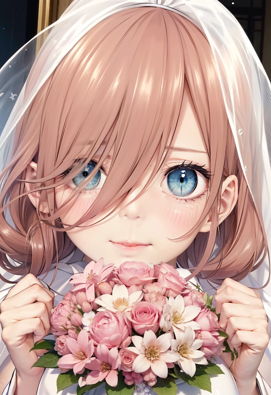 miku nakano, Nakano Miku Ticket III, long hair, bangs, blue eyes, brown hair, hair between eyes, Close your right eye,tears run down her face,Crying with joy,blush,smile, Wedding dress,veil wedding skirt,bouquet,bouquetトス,holding a large bouquet of flowers in his left hand, He is wiping the tears from his right eye with his right hand., break indoors, church,chapel,
break (masterpiece:1.2), highest quality, High resolution, unity 8k wallpaper, (figure:0.8), (detailed and beautiful eyes:1.6), highly detailed face, perfect lighting, Very detailed CG, (perfect hands, perfect anatomy),