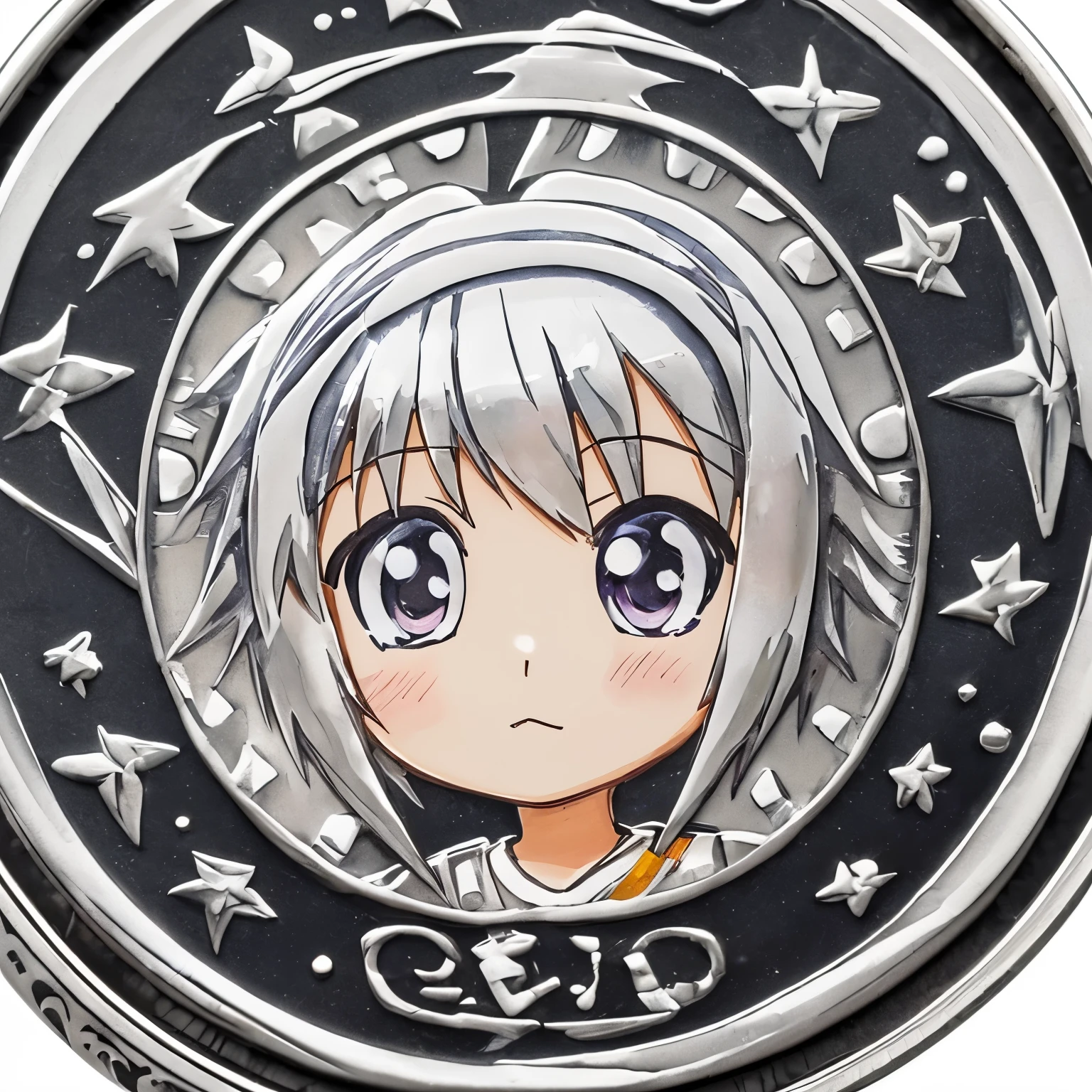 (( a silver coin with a hand-painted anime character on its front.)) The chibi girl's deformed features and playful expression make this coin a unique and captivating piece of art. The level of detail in this image will leave you in awe.