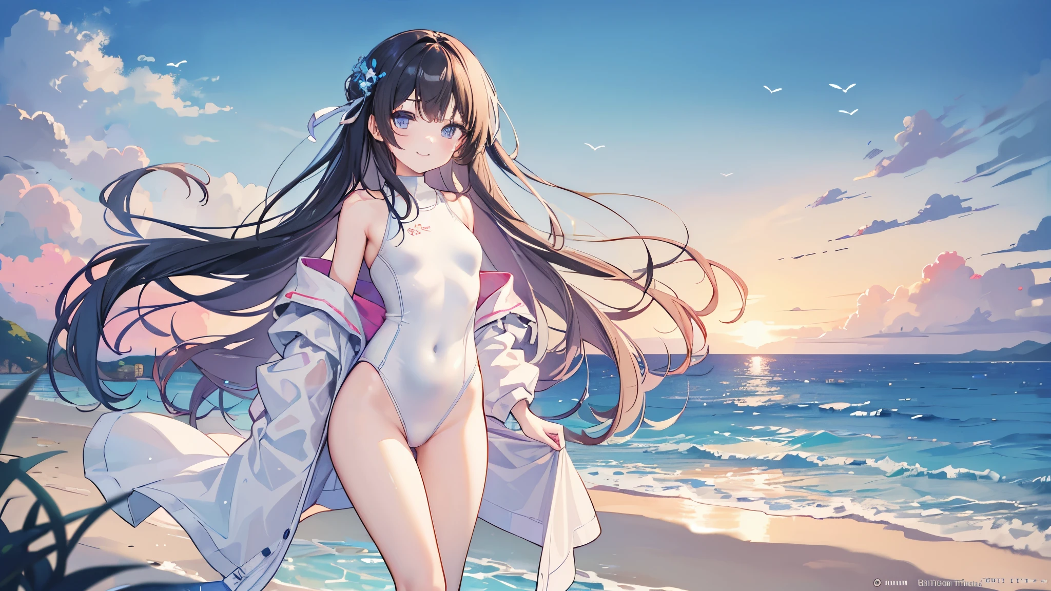 ((master piece、8k、highest quality、perfect fingers: 1.3、perfect anatomy: 1.3、background blur))、(: 1.6)、(straight long hair 、High neck swimsuit、Slender beautiful girl: 1.7)、(Landscape、standing position、wide shot、best smile:1.4)、(sea bathing、summer blue sky、vast white sand beach:1.3)、