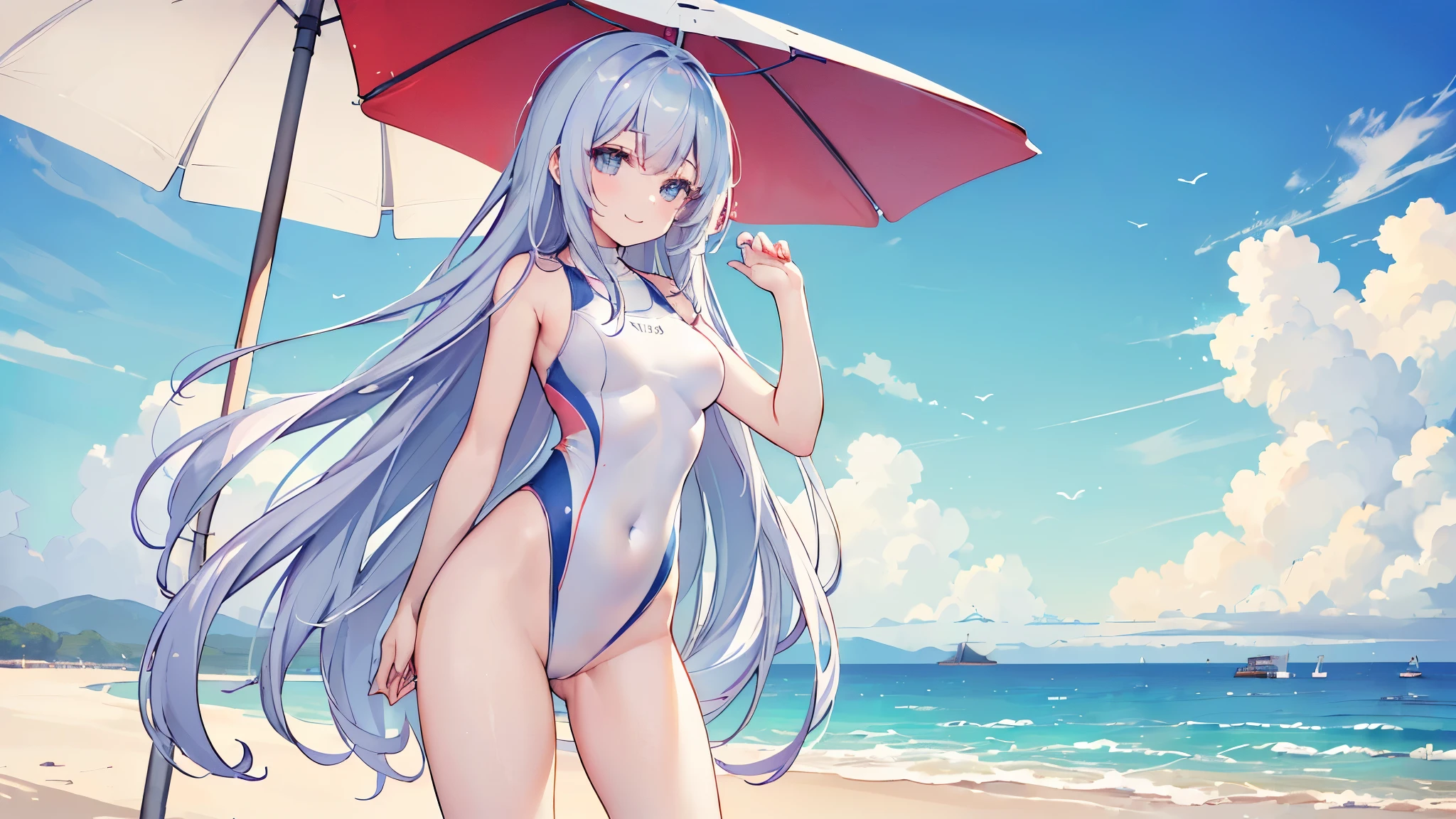 ((master piece、8k、highest quality、perfect fingers: 1.3、perfect anatomy: 1.3、background blur))、(: 1.6)、(straight long hair 、High neck swimsuit、Slender beautiful girl: 1.7)、(Landscape、standing position、wide shot、best smile:1.4)、(sea bathing、summer blue sky、vast white sand beach：1.3)、
