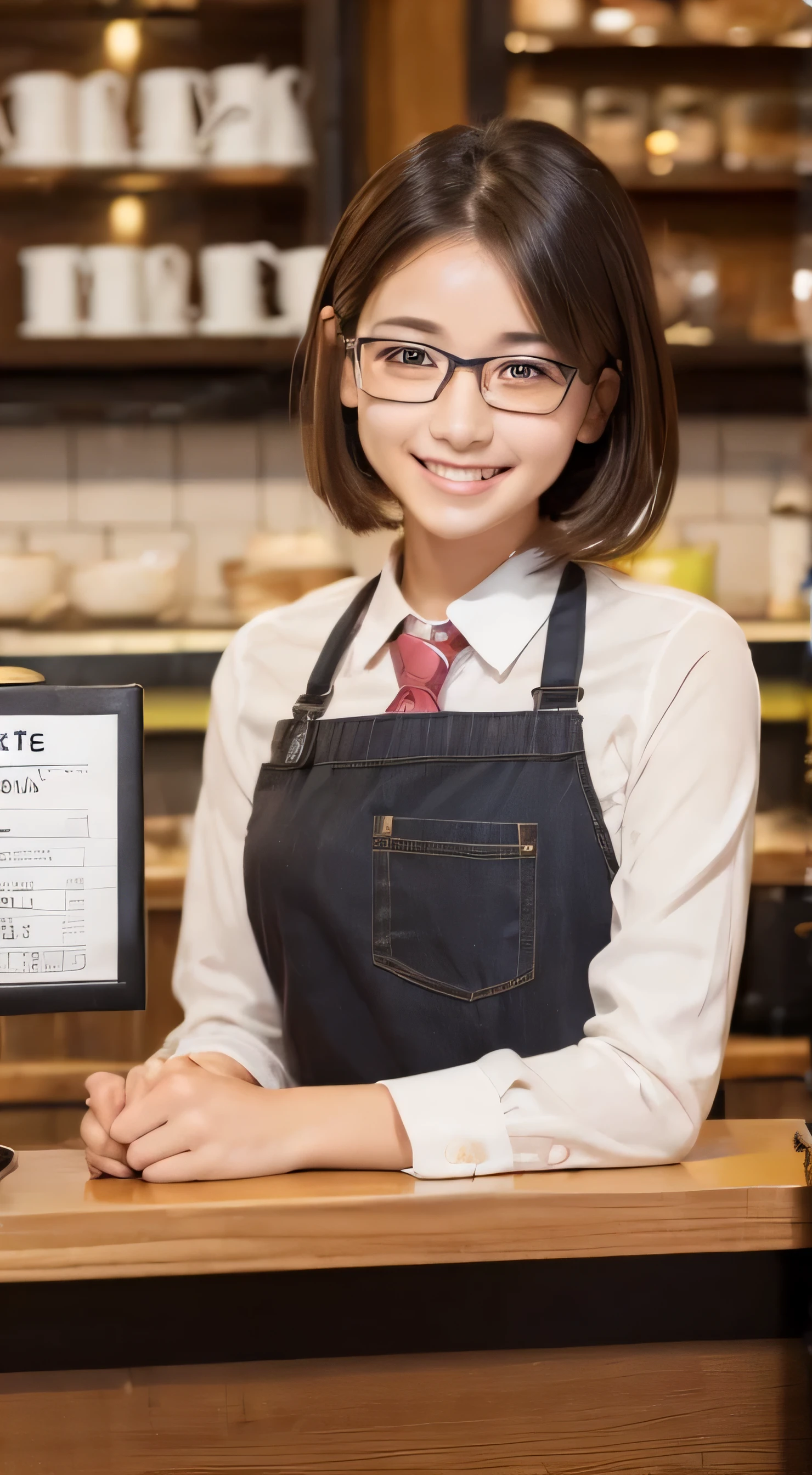 (Female clerk in café:1.4),Beautiful woman,Natural smile, eye glasses