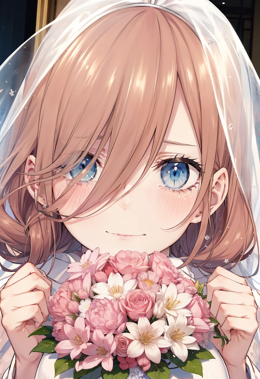 miku nakano, Nakano Miku Ticket III, long hair, bangs, blue eyes, brown hair, hair between eyes, Close your right eye,tears run down her face,Crying with joy,blush,smile, Wedding dress,veil wedding skirt,bouquet,bouquetトス,holding a large bouquet of flowers in his left hand, He is wiping the tears from his right eye with his right hand., break indoors, church,chapel,
break (masterpiece:1.2), highest quality, High resolution, unity 8k wallpaper, (figure:0.8), (detailed and beautiful eyes:1.6), highly detailed face, perfect lighting, Very detailed CG, (perfect hands, perfect anatomy),