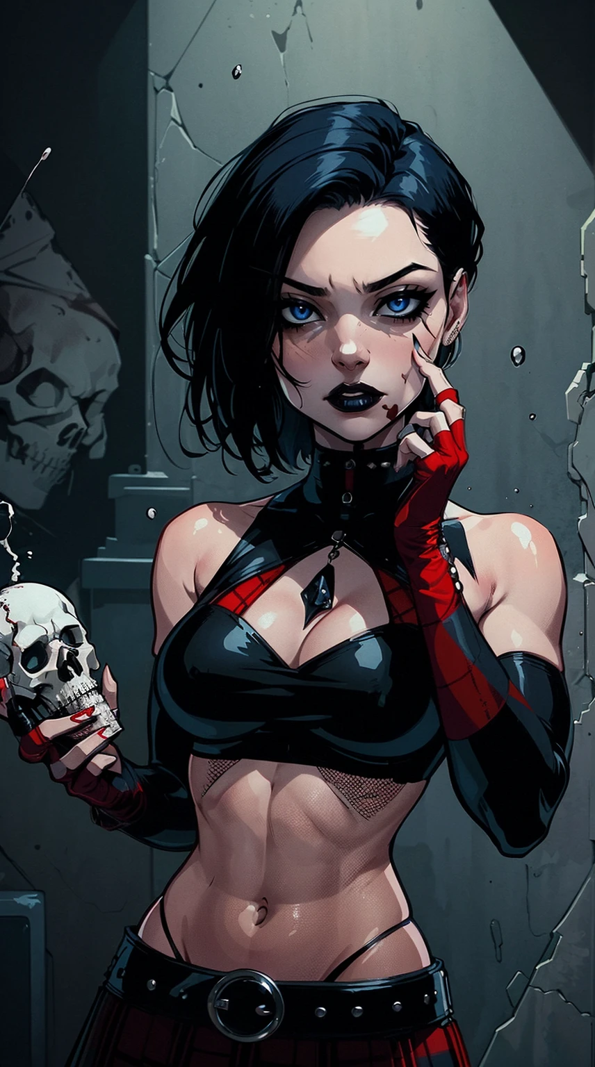 a woman with short black hair, hair on shoulders, wearing a black cropped and plaid skirt, blue eyes, zombie art, gothic art, cute aesthetic with vibe, toon aesthetic, wearing red costume, wearing gothic accessories, look like Cassie Hack, upper body, holding a skull in his hand, horror background