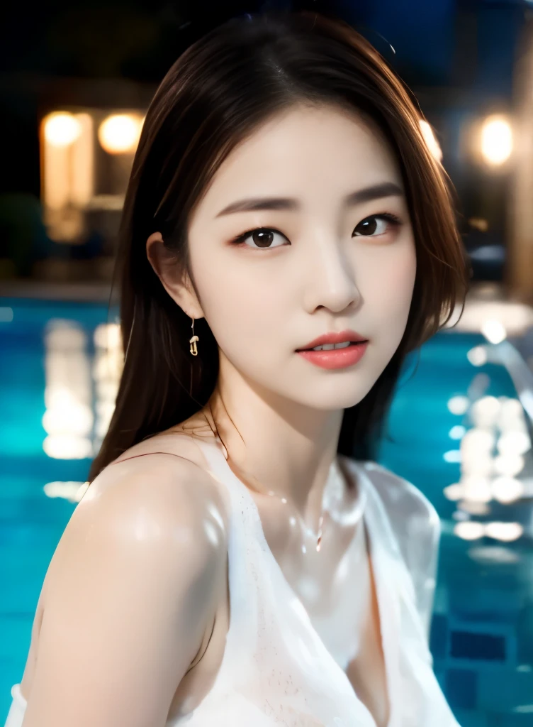 Around 40 sitting on a bench in front of the pool at night, smooth white tight clothing suit, beautiful korean woman, gorgeous young korean woman, beautiful young korean woman, korean girl, Dilraba Dilmurat, korean female fashion model, Ulzzang, Chen Xintong, pale milky white porcelain skin, high quality images, Shin Jin Young, Shahi(Representative works: 1.3), (maximum resolution: 1.4), (ultra high vision: 1.2), cinema light, ultra high vision, (detailed eyesと肌), (detailed facial features),, 8K resolution, perfect style, beautiful expression、Highly detailed face and skin texture、detailed eyes、double eyelid、glitter eyeliner:1.2、