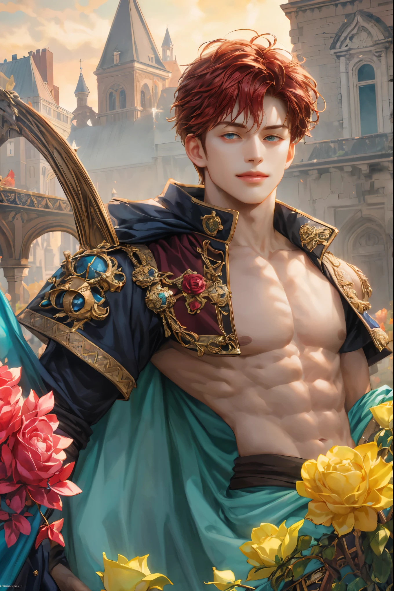 Seaart 2.0 Mode: (absurdres, highres, ultra detailed), 1 boy, young boy, handsome villain character from ps1 game legend of mana, detailed hair with detailed headgear ornaments, detailed short hair, anime eyes, bangs, detailed pirate clothes with black cape with little crimson details showing, showing chest on creases, crop top, finely detailed eyes red details showing and detailed face, smirk, dimples, extremely detailed CG unity 8k wallpaper, blue details on side, intricate details yellow details on left, portrait, ruin of pink roses, market theme, showing lot of skin, from below, 1:1 , eyes on viewer, detailed houses town scenery background