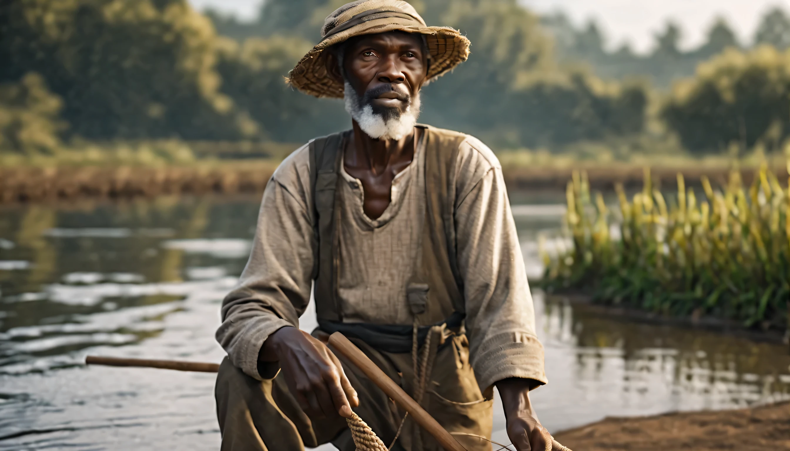 A photorealistic full body shot of Osagie, an African village fisherman, 60 years old, brown skin, brown eyes, gray hair and beard. ((standing)), by the river bank holding a fishing net, highly detailed, 4k