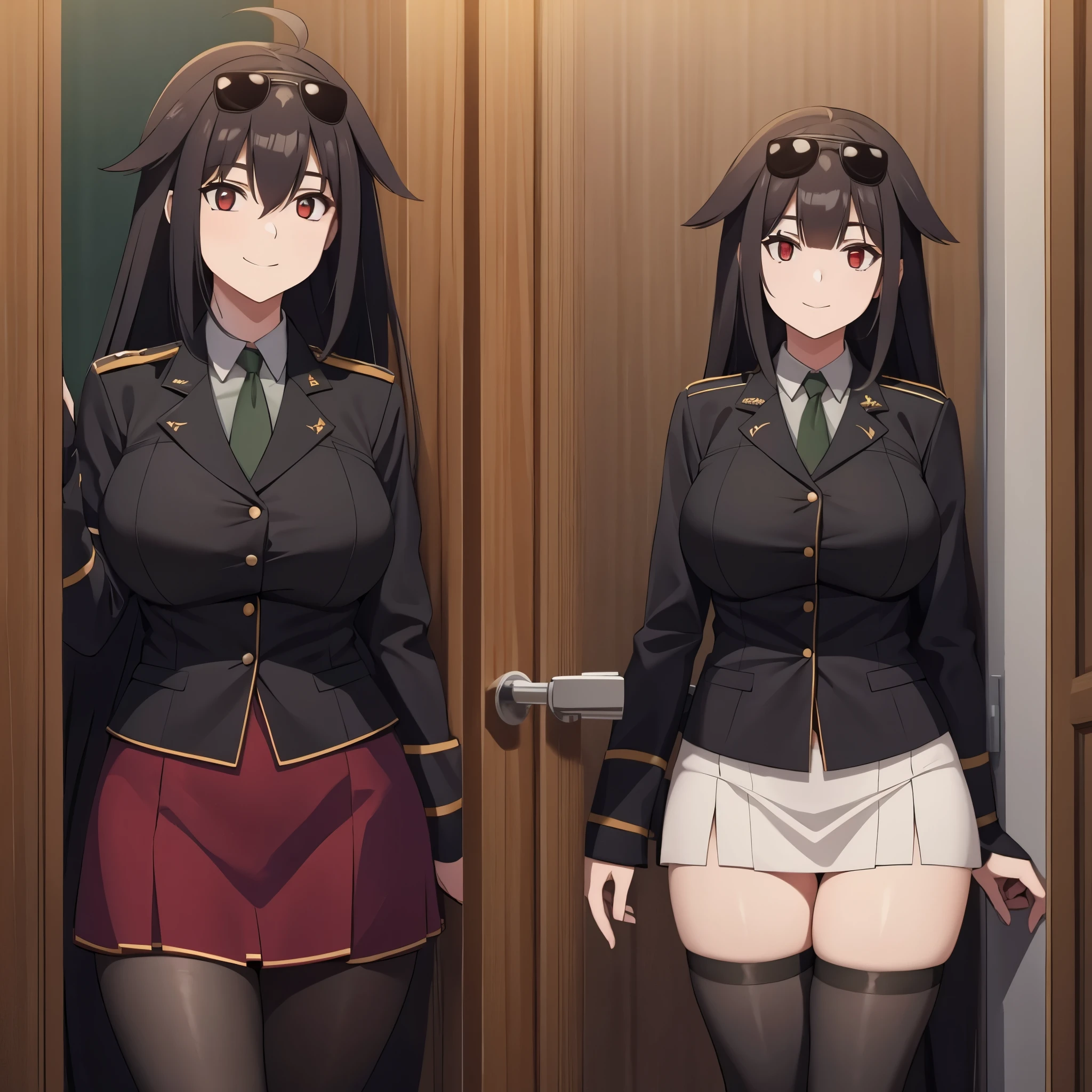 A woman in in an officer's room, long black hair, red eyes, smile
