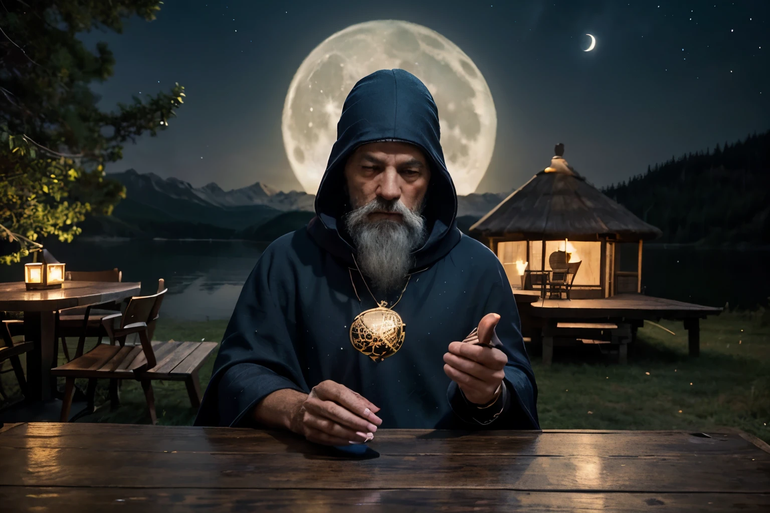 Hermit, Man 60 years old, Alone sitting at the table, gray beard, White hair, Beanie on the head, On the hat there is an emblem in the form of the zodiac sign Aries, Cloak Dark Blue, The cloak has a pattern of golden stars, Magic Ball on the Table, A deck of tarot cards on the table, Tarot spread on the table, Three Tarot Cards in Hands in a Fan, starry sky, Comet in the sky, full moon, Zodiac Sign Icons, Telescope in the background, Hut in the background, lake in the background, In the Reflection of the Moon Lake - Moon Path, night, Moon light, Owl on a tree