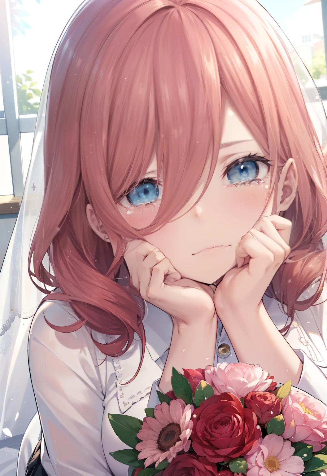 miku nakano, Nakano Miku Ticket III, long hair, bangs, blue eyes, brown hair, hair between eyes, Close your right eye,tears run down her face,Crying with joy,blush,smile, Wedding dress,veil wedding skirt,bouquet,bouquetトス,holding a large bouquet of flowers in his left hand, He is wiping the tears from his right eye with his right hand.,whole body, break indoors, church,chapel,
break (masterpiece:1.2), highest quality, High resolution, unity 8k wallpaper, (figure:0.8), (detailed and beautiful eyes:1.6), highly detailed face, perfect lighting, Very detailed CG, (perfect hands, perfect anatomy),