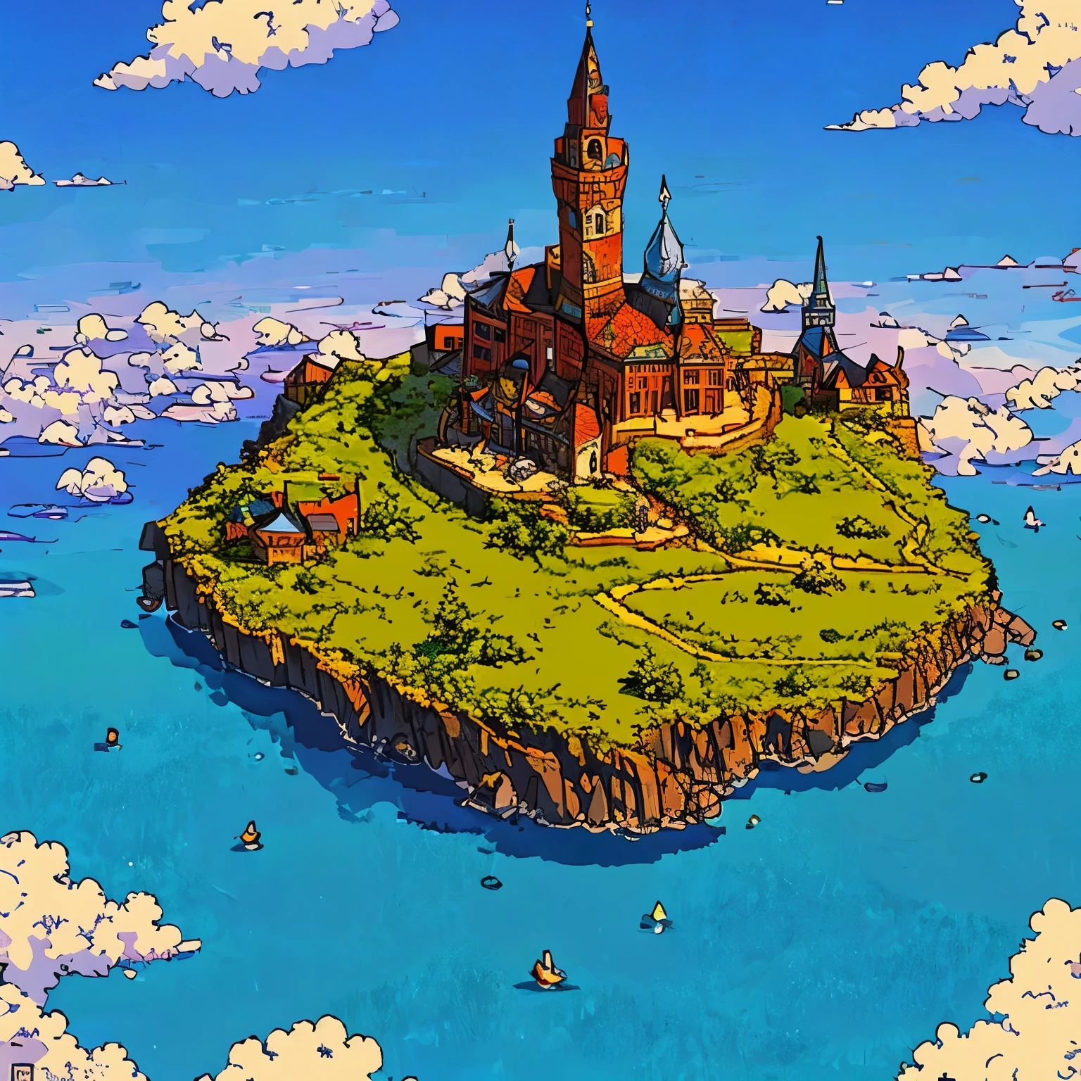 Create a logo with the simple word “Acilares”, with a highlighted background of a landscape, an island surrounded by fog, silhouette of a large tower on the island. drawing the image like a shirt print.