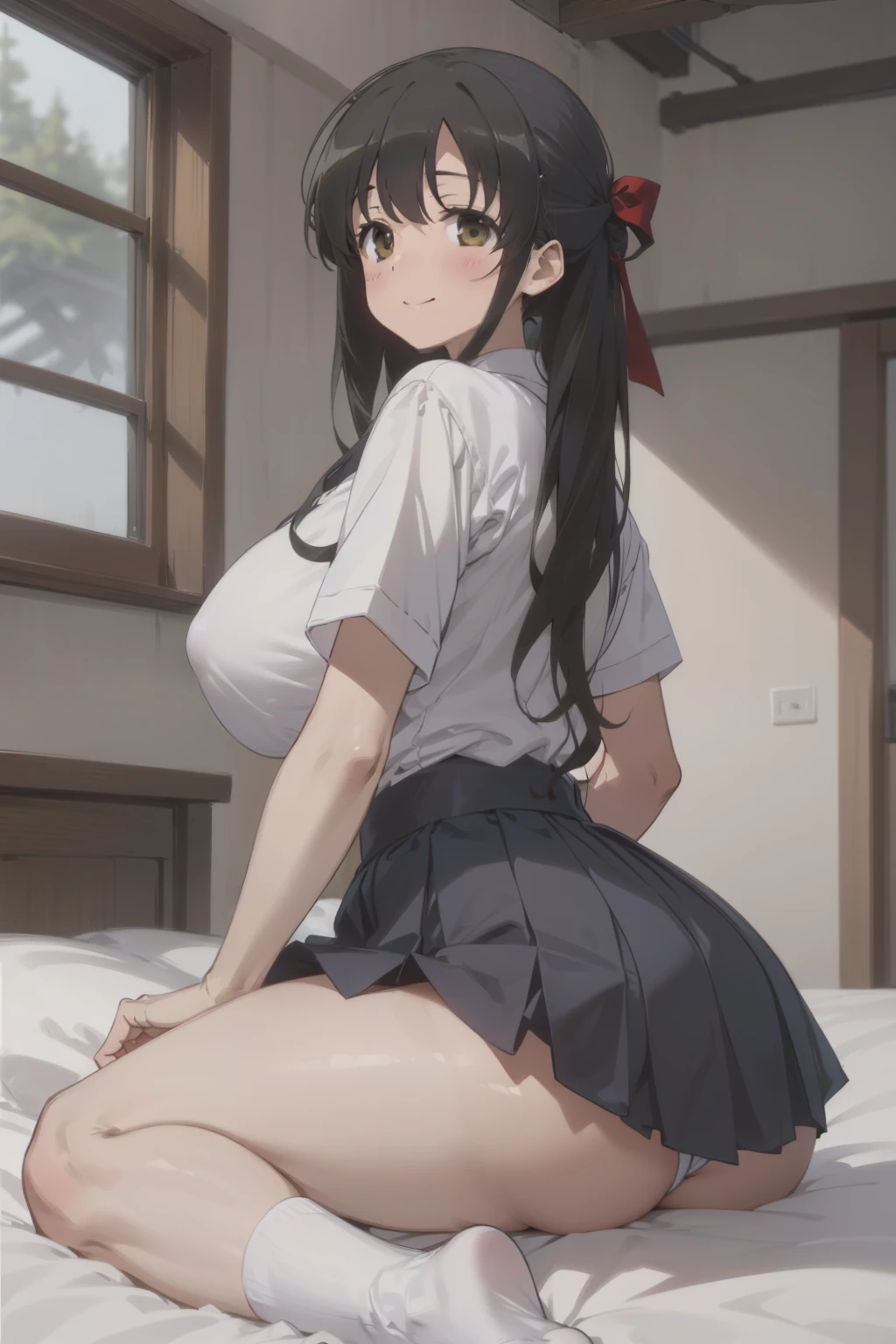((masterpiece)), ((best quality)), (ultra-detailed), ((extremely detailed)), 4K, (8K), best quality, perfect anatomy, ((((beautiful detailed eyes)))), (((world-class quality))), photorealistic, extremely detailed, high resolution, (detailed shaded pretty face), (((house wife))), solo, (((sagging breasts))), (((wearing shuishoufu)), glowing detailed skin and hair, white-skinned, (((glistening skin))), (huge ass), kasumi iwato, potbelly, , (half updo),, on the bed, embarrassed, navy blue pleated skirt, spread legs, white socks, red bow , smile, from side, sit astride, straddling,