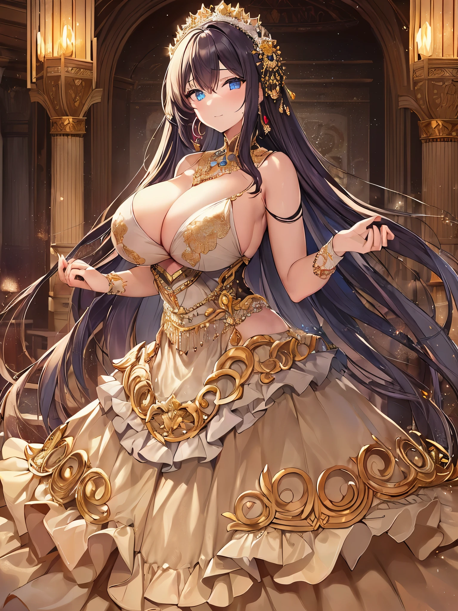 anime artstyle,Masterpiece,Best Quality,Super Detail,((Very Delicate and Beautiful)),(((full body))),((indoor,standing in luxurious palace)),(((1 princess in beautiful embroidery and jeweled gorgeous rococo ballgown with voluminous hoop skirt))),(((gorgeous rococo Ballgown with a hoop skirt that drags the hem))),((Solo)),((((very gigantic tits)))),((cleavage,gigantic tits,cleavage,sagging tits)),skindentation,((detailed face and eyes)),jewel-like eyes,((extremely voluminous straight Hair,Extremely Long Straight Hair)),((gorgeousfull embroidery and lace,beautiful embroidery and jeweled)),Gorgeous Gemstone Jewelry,gorgeous corsage,((gorgeous hair ornament,glitter jeweled gorgeous big tiara)),((full body)),((beautiful embroidery and jeweled gorgeous rococo ballgown with voluminous hoop skirt)),(crinoline),Looking at viewer,dynamic angle,(((beautiful embroidery and jeweled gorgeous rococo ballgown with voluminous hoop skirt))),(full body)