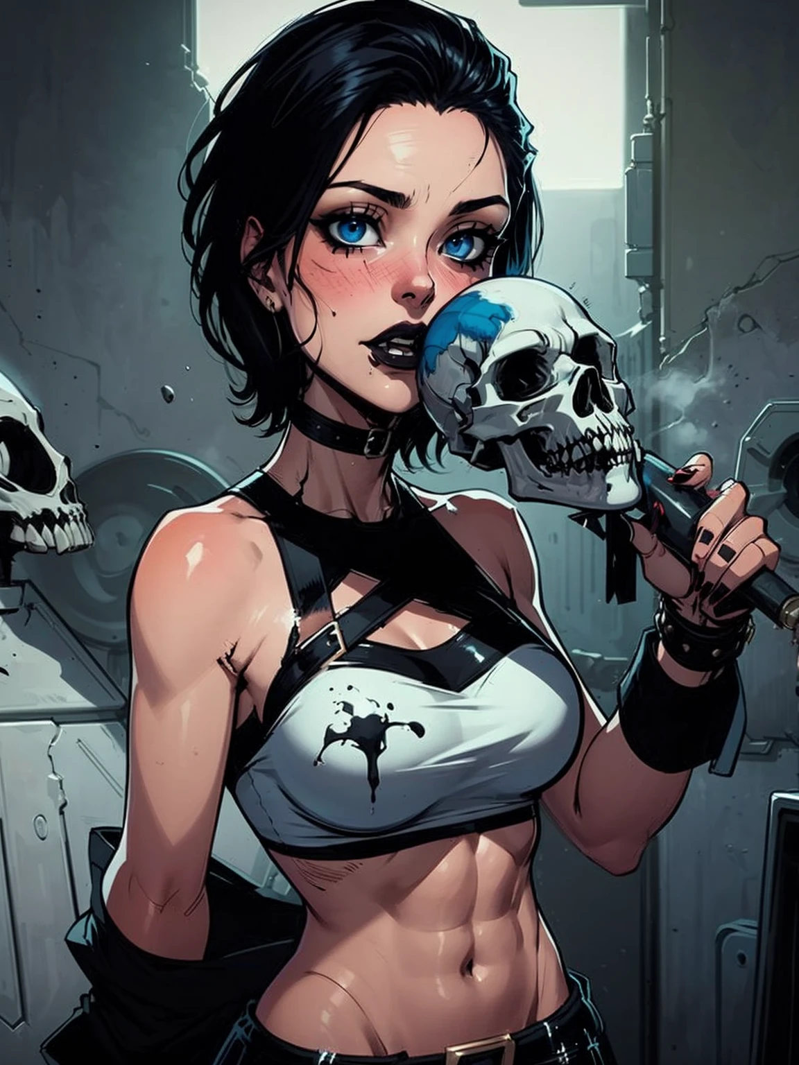 a woman with short black hair, hair on shoulders, wearing a black cropped and plaid skirt, blue eyes, zombie art, gothic art, cute aesthetic with vibe, toon aesthetic, wearing red costume, wearing gothic accessories, look like Cassie Hack, upper body, holding a skull in his hand, horror background