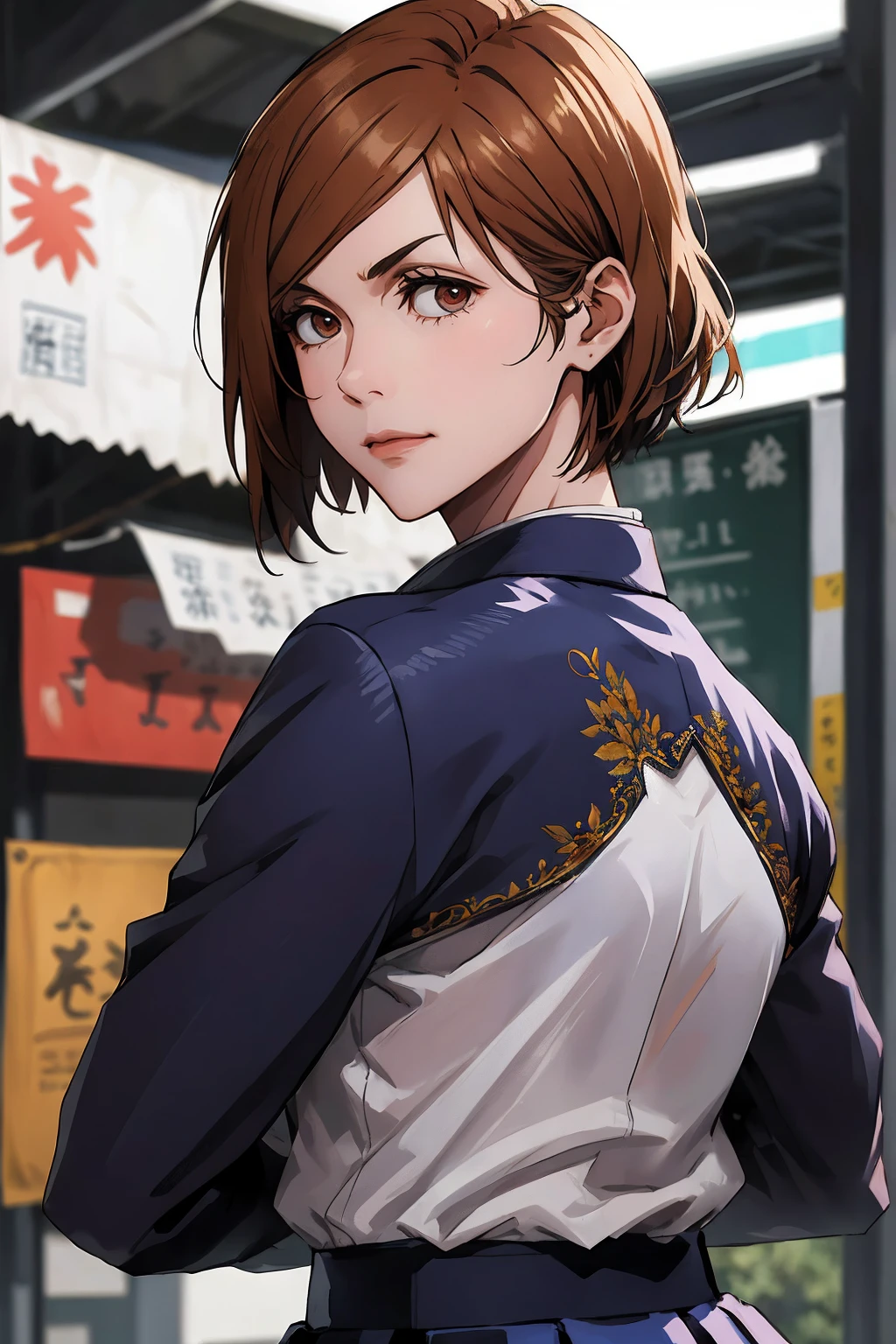 1girl, cowboy shot, beautiful Nobara, school_uniform, bangs, jacket,, volumetric lighting, best quality, masterpiece, intricate details, tonemapping, sharp focus, hyper detailed, trending on Art Station, 4k,full body, backwards, looking back