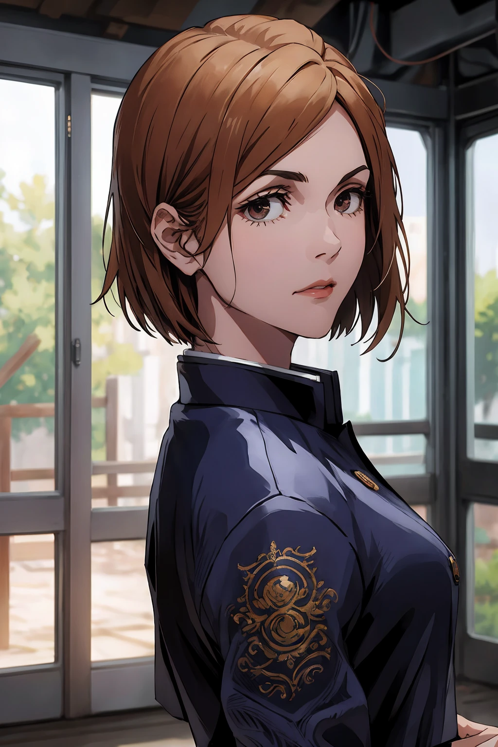 1girl, cowboy shot, beautiful Nobara, school_uniform, bangs, jacket,, volumetric lighting, best quality, masterpiece, intricate details, tonemapping, sharp focus, hyper detailed, trending on Art Station, 4k,full body, backwards, looking back