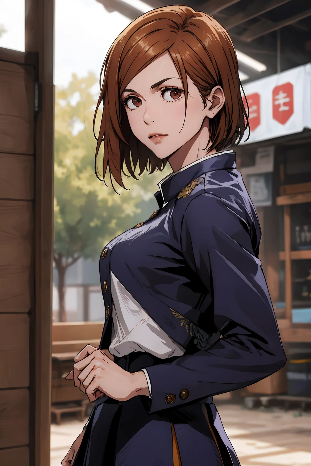 1girl, cowboy shot, beautiful Nobara, school_uniform, bangs, jacket,, volumetric lighting, best quality, masterpiece, intricate details, tonemapping, sharp focus, hyper detailed, trending on Art Station, 4k,full body, backwards, looking back