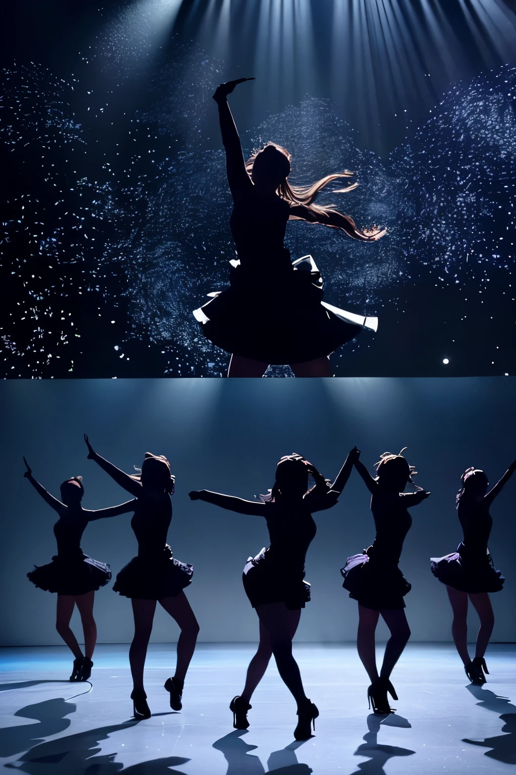 Create an image where only the silhouettes of five K-pop girls gracefully dance on a dimly lit performance stage. The stage is bathed in soft, dramatic lighting, casting elongated shadows that accentuate their slender frames and fluid movements. Their outfits, shimmering under the spotlights, add a mesmerizing touch to the scene. With their faces obscured, the focus is solely on their dynamic silhouettes, evoking a sense of mystery and allure as they captivate the audience with their synchronized choreography. (Note: The image is expected to be of professional quality, shot in high resolution with top-notch detail and crisp focus.)