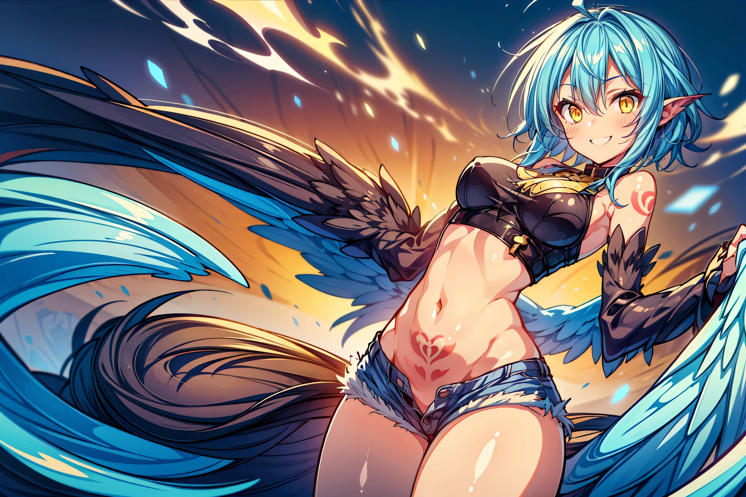 (((1 harpy girl))), ((detailed yellow eyes)), ((short blue hair)), voluptuous body, mischievous smile, wearing a black top, black denim shorts, tattoos, best quality, masterpiece, ultra-detailed