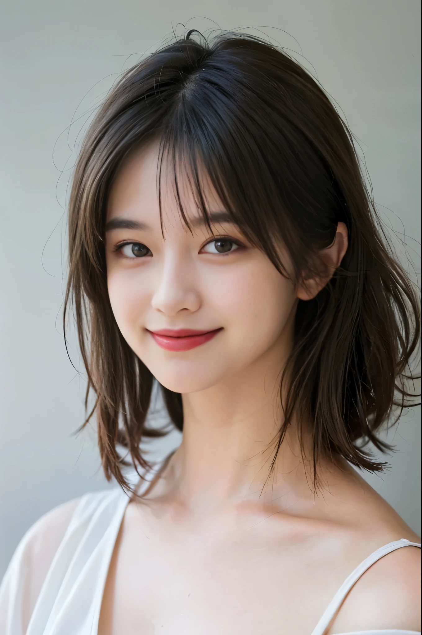 highest quality, masterpiece, 超High resolution, (realistic:1.5), RAW photo, 1 girl, off shoulder(highest quality、8k、32K、masterpiece、Hmm:1.2)、cute日本人女性の写真、long hair、Upper body、surface focus、necklace、simple background、looking at the viewer、(looking at the camera:1.4)、mix 4、(8k、Raw photo、highest quality、masterpiece:1.2)、(realistic、Photoreal:1.37)、1 girl、cute、indoor、Wet、professional lighting、photon mapping、radio city、Physically based rendering、gradient brunette hair、short curly hair、Handsome、Girly、white ball set、excellent image quality、High resolution、1080p、(clean face)、(Detailed facial description)、(detailed description of hands)、(Masseter muscle part)、(Detailed CG)、 extreme light and shadow、masterpiece、rich details、(exquisite features)、(best image quality)、(masterpiece)、(detailed eye)、looking forward to your eyes、delicate clavicle、(huge tit:1.2)、(smile:1.4)、white teeth、