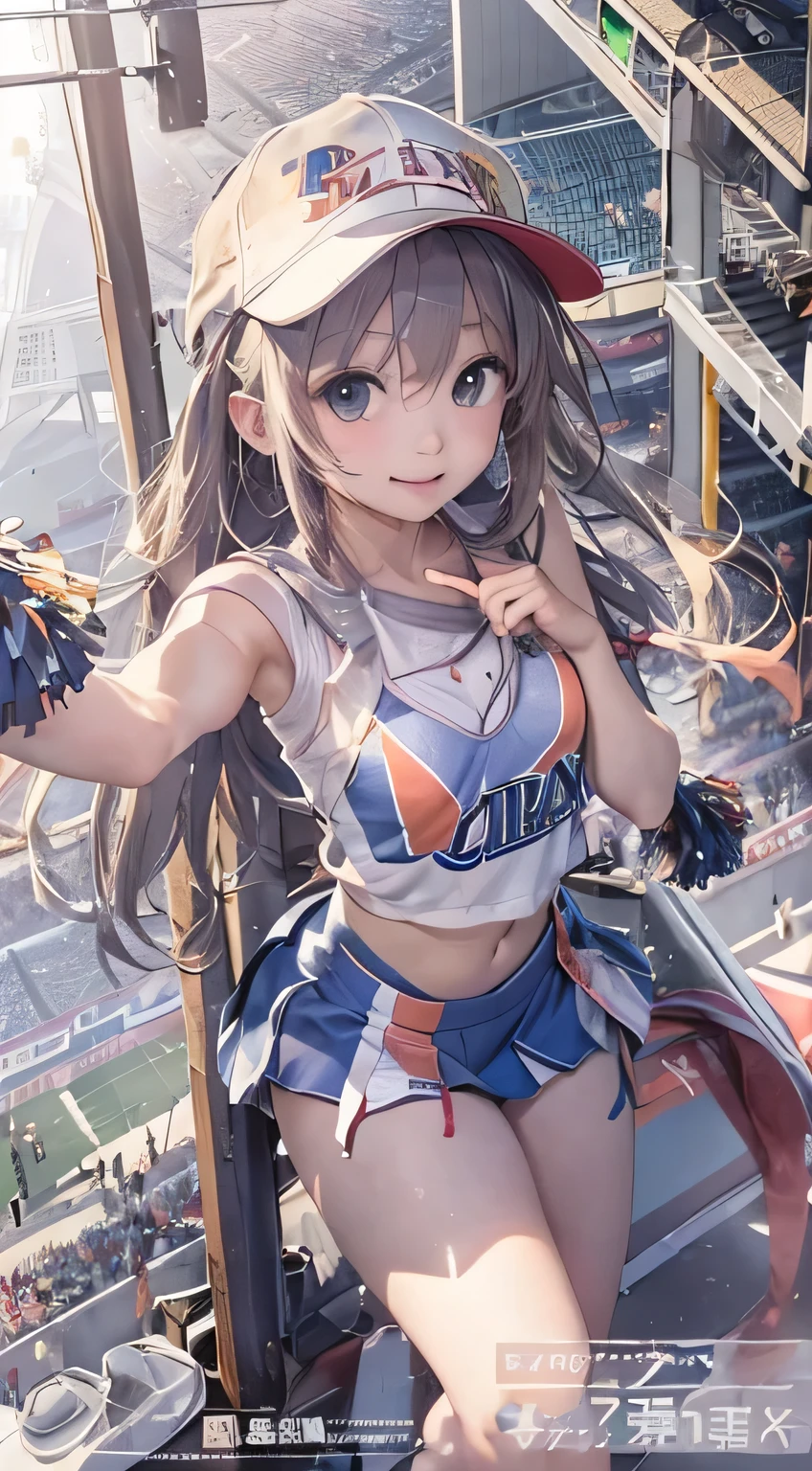 （１Cheerleader:1.3）、(stadium:1.5)、(small breasts:1.4)、close、RAW photo, highest quality, High resolution, (masterpiece), (Photoreal:1.4), cosplay, sharp focus, nffsw, 8K resolution, intricate details, written boundary depth, with front light, smile、(thin:1.3)、(Photographed from directly below:1.5)、put a baseball cap on your head、See-through、Holding a cheerleading pom-pom in your hand、（stick out your butt:1.4）