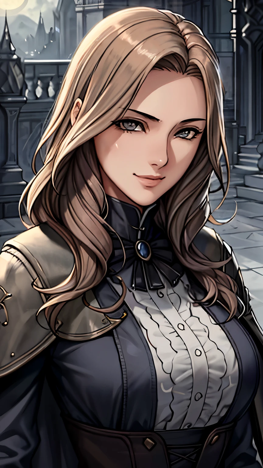 masterpiece quality, high quality, intricate details, beautiful, great quality, dynamic lighting, cinematic lighting, Natural light, Cinematic details, bloodborne, strict, dark, fantasy, horror, Hunter in British Georgian clothing, portrait, face-to-face audience,  beast hunter, friendly expression, Eyes with highlights, dirty gray and brown leather costume, Moonlight night, Vibrant skin, beautiful, woman, long wavy hair,  beautiful smile, excess pubic hair,brown hair,blue eyes,