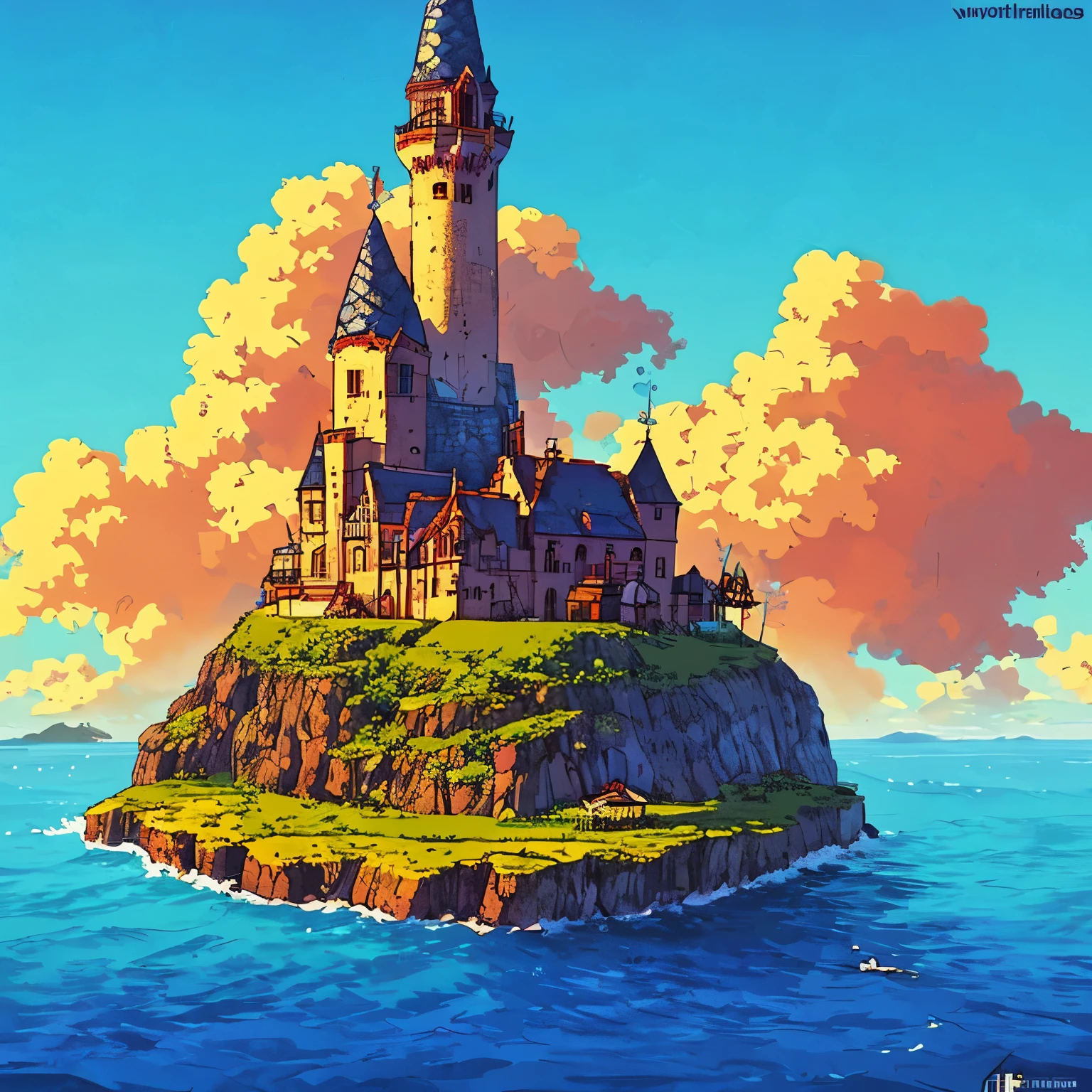Create a 2D game design style logo, with the simple word “Acilares”, with a minimalist background of a landscape, an island surrounded by fog, silhouette of a large tower on the island, in the middle of the ocean, drawing the image.
