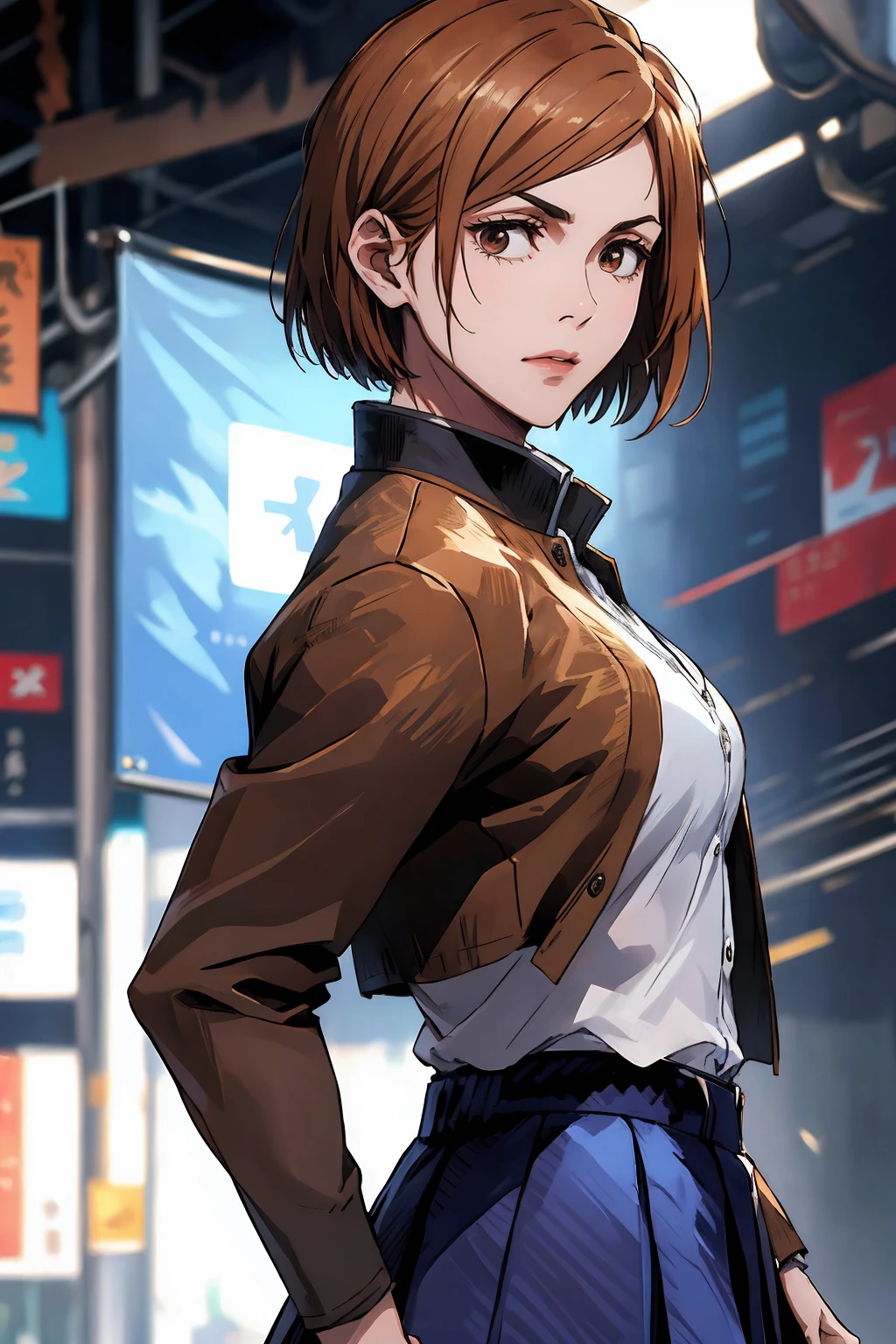 1girl, cowboy shot, beautiful Nobara, school_uniform, bangs, jacket,, volumetric lighting, best quality, masterpiece, intricate details, tonemapping, sharp focus, hyper detailed, trending on Art Station, 4k,full body, backwards, looking back
