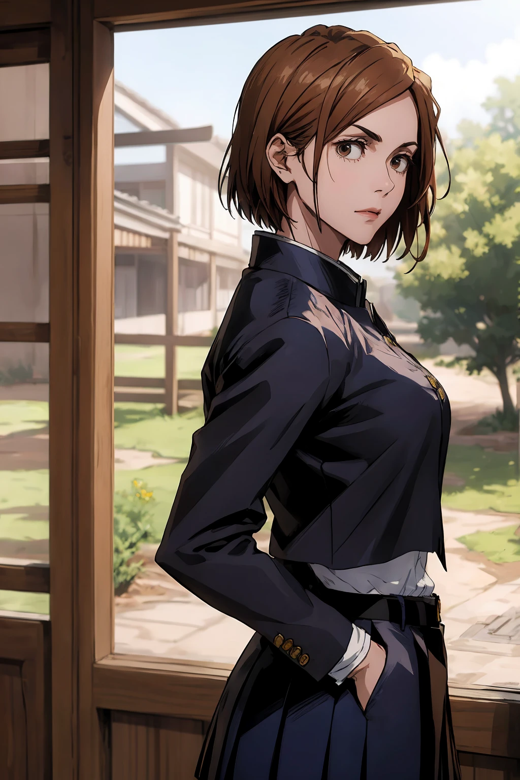 1girl, cowboy shot, beautiful Nobara, school_uniform, bangs, jacket,, volumetric lighting, best quality, masterpiece, intricate details, tonemapping, sharp focus, hyper detailed, trending on Art Station, 4k,full body, backwards, looking back