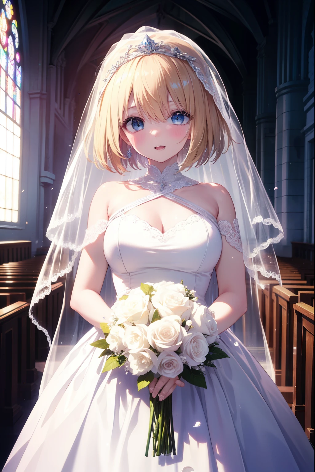 yotsubanakano, yotsuba nakano, bangs, short hair, blue eyes, hair between eyes, blush,big smile, happy atmosphere,open your mouth,Wedding dress,veil wedding skirt,bouquet,bouquetトス,holding a large bouquet of flowers in both hands, break indoors, church,chapel, break (masterpiece:1.2), highest quality, High resolution, unity 8k wallpaper, (figure:0.8), (detailed and beautiful eyes:1.6), highly detailed face, perfect lighting, Very detailed CG, (perfect hands, perfect anatomy),