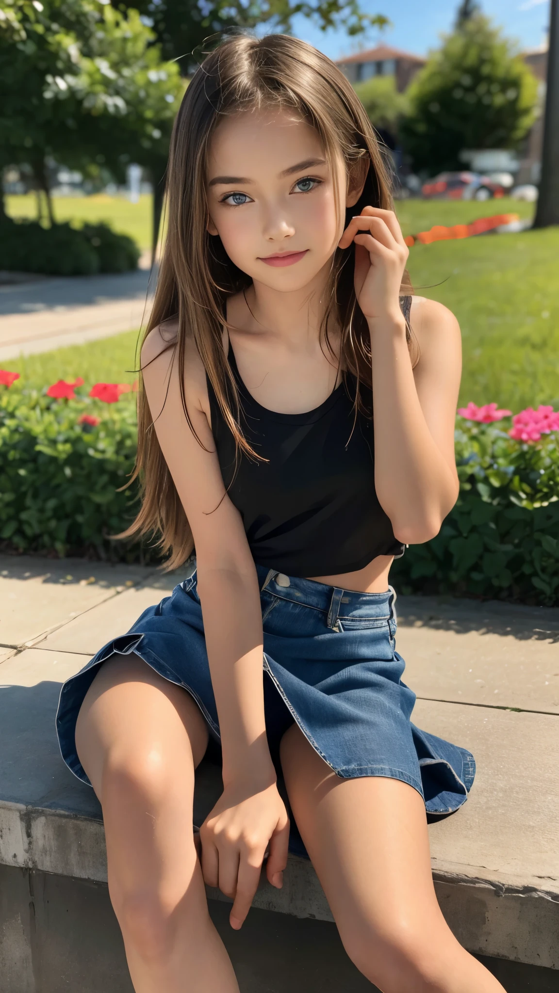 18-year-old, adorable, British girl, , portrait ,Tank top((mini skirt))、Thighs Thighs Nose:1.1),   , (high color saturation,catch light:1.0),  (highly detailed skin), (highest quality:1.0), (Super high resolution:1.0) ,(photo-realistic:1.0), (super detailed:1.0), (8K, RAW photo:1.1),( smile:0.8),looking at the viewer