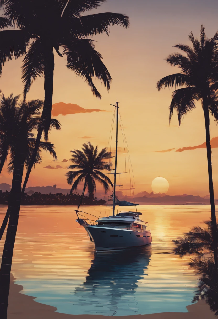 A yacht, palm trees, floating near the beach, sunset tilting, dusk of a peaceful tropical day