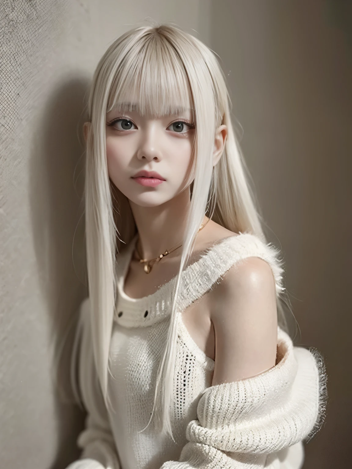 raw photo, 8k, (top-quality), Realistic, (real picture, Intricate details), (natural skin texture, detailed skin, hyper realism, sharpness), (Japanese  girl standing in an abandoned apartment building), ((Off-the-shoulder white hand-knitted long sweater)), (pale skin:1.2), ((long straight hair, blunt bangs)), (seductive face, provocative look, Parted lips:1.3), (((flat chest:1.5))), thigh, dusty room, cracked wall, Messy floor, Pile of rubble:1.3, spot lighting:1.3, Full body shot,
